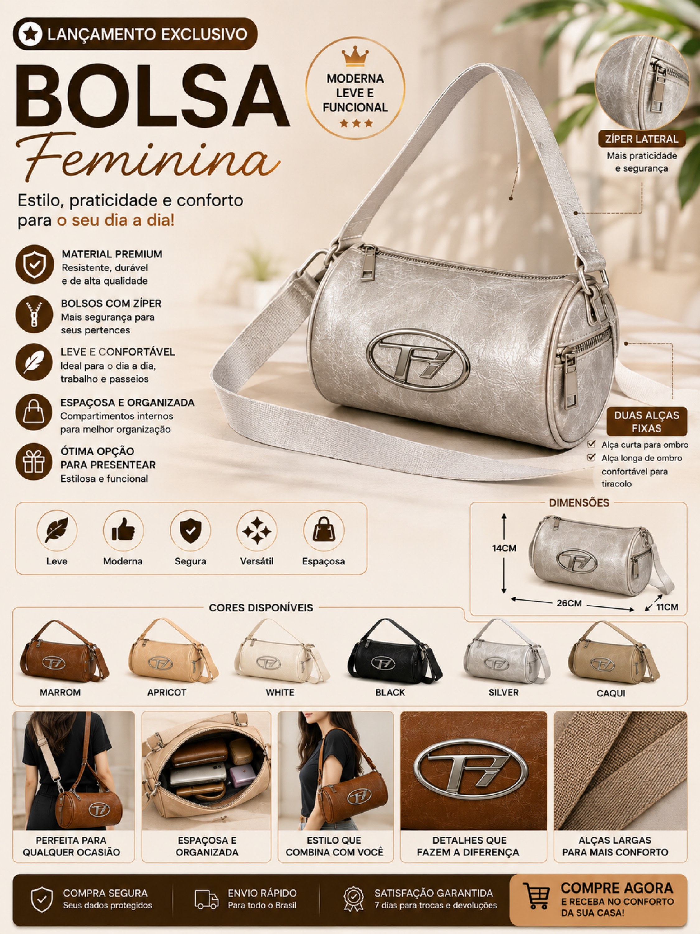 Bolsa Feminina Cilíndrica com 2 Alças 0826