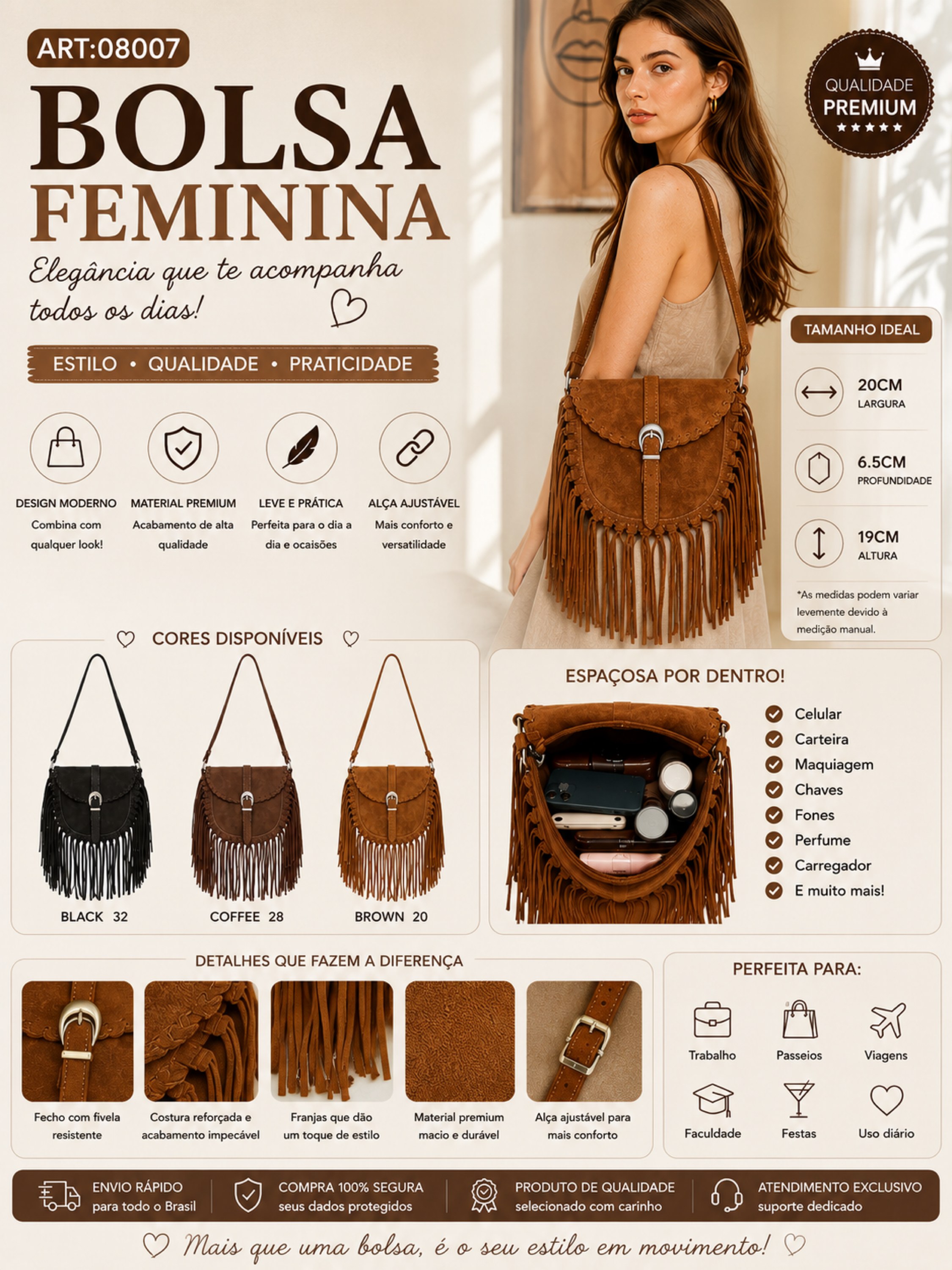 Bolsa Feminina Boho com Franjas em Camurça 08007