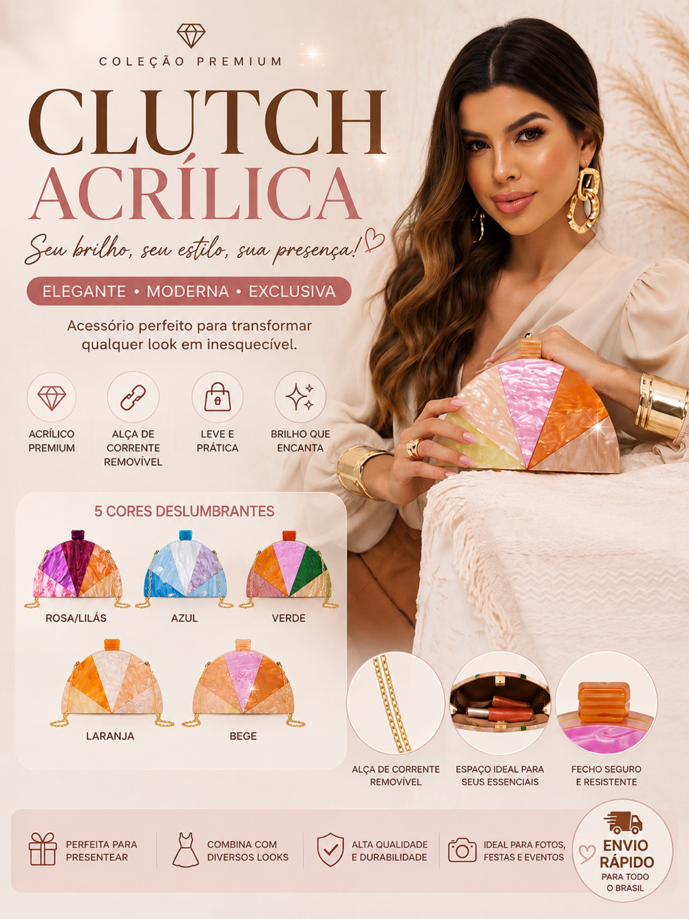 Clutch Acrílica Feminina Luxo com Alça de Corrente 012