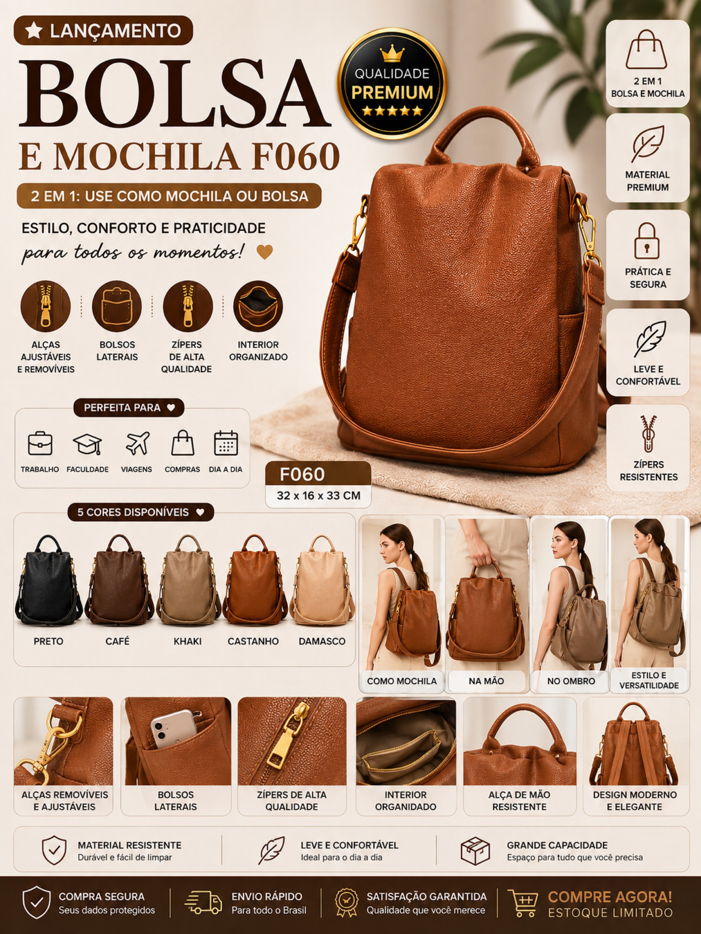 Bolsa Mochila Feminina 2 em 1 Bolsa de Ombro Fashion F060