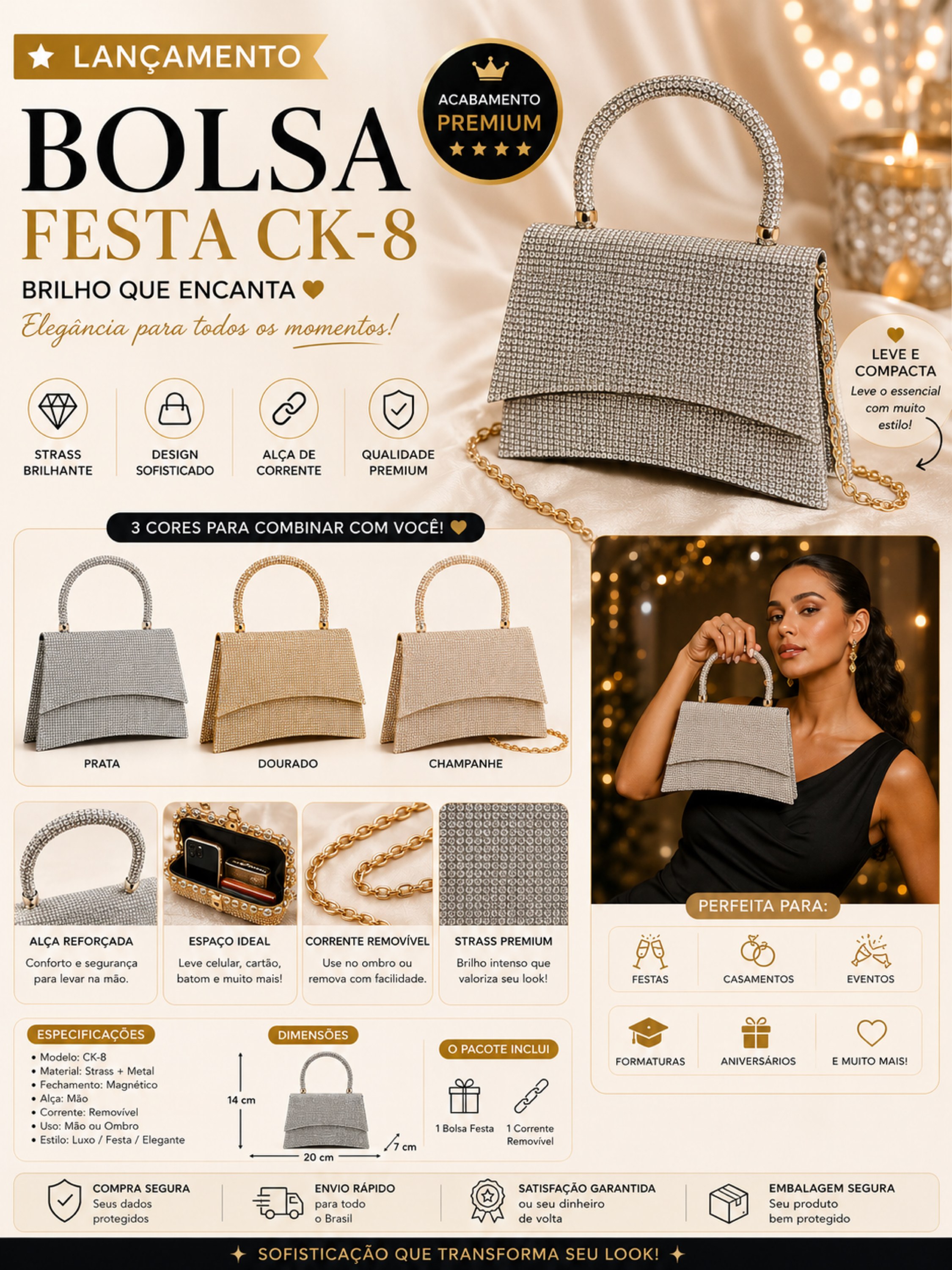 Bolsa Festa Feminina CK-8 com Strass Luxo