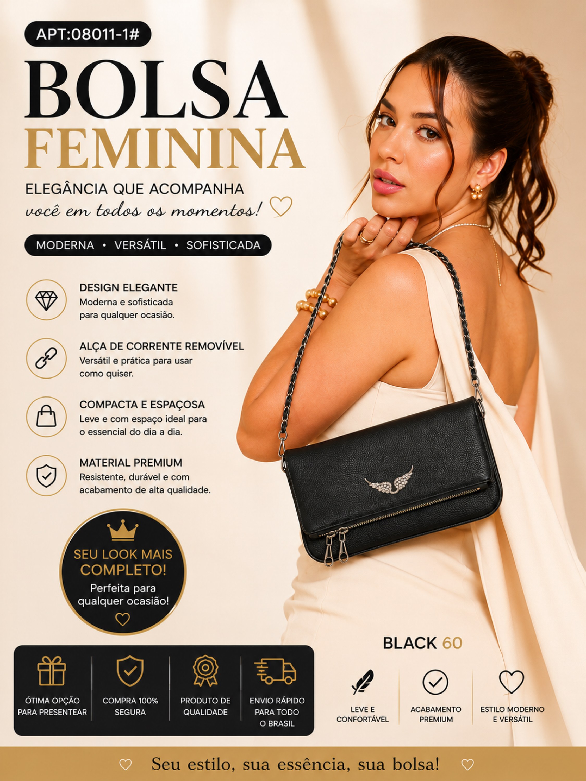 Bolsa Feminina de Ombro com Corrente 08011
