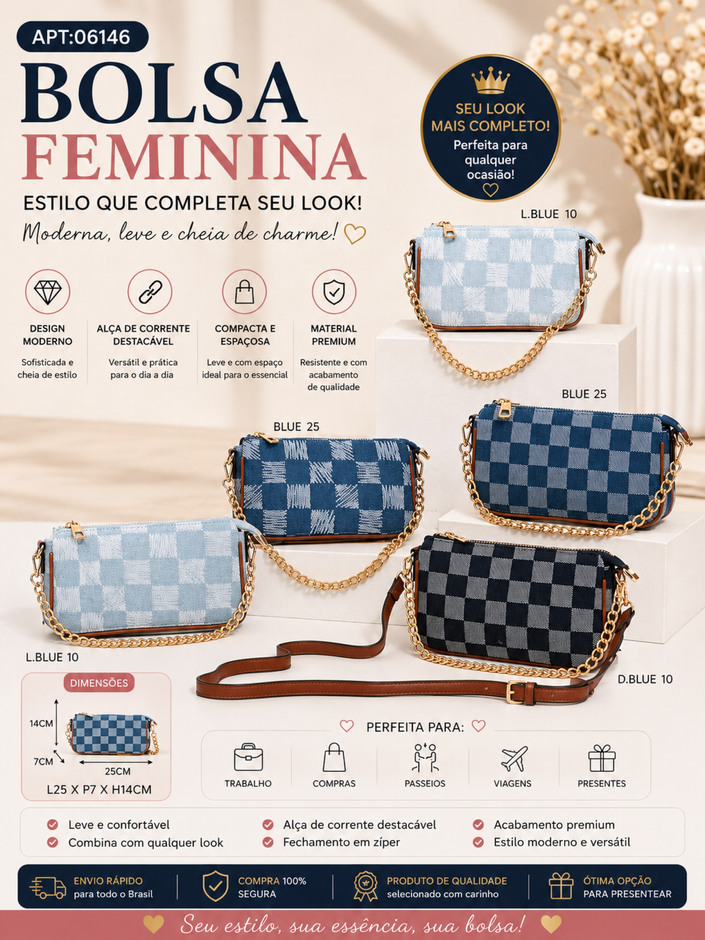 Bolsa Feminina Xadrez com Corrente Dourada 06146