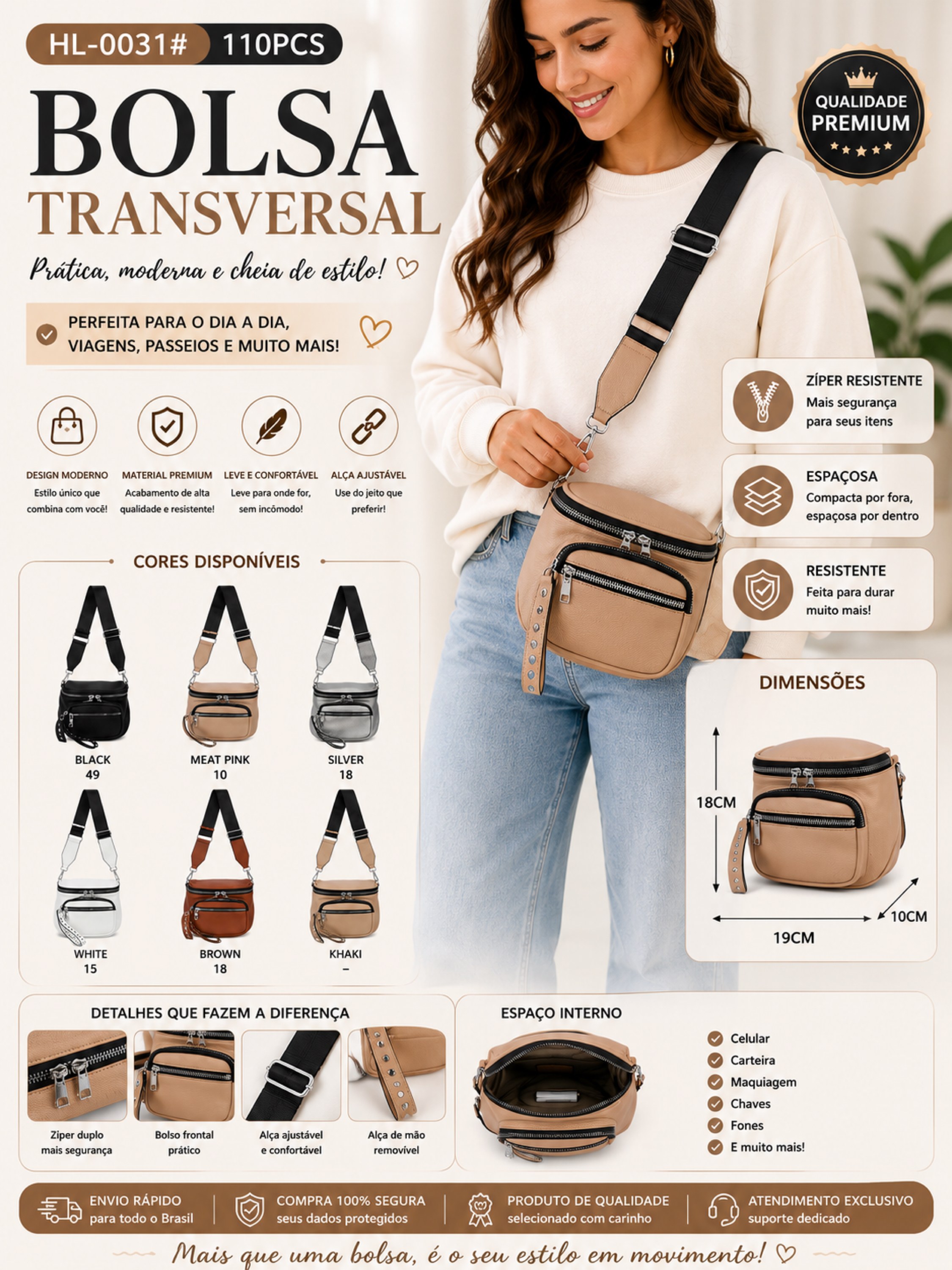 Bolsa Transversal Premium com Alça Larga Ajustável HL0031