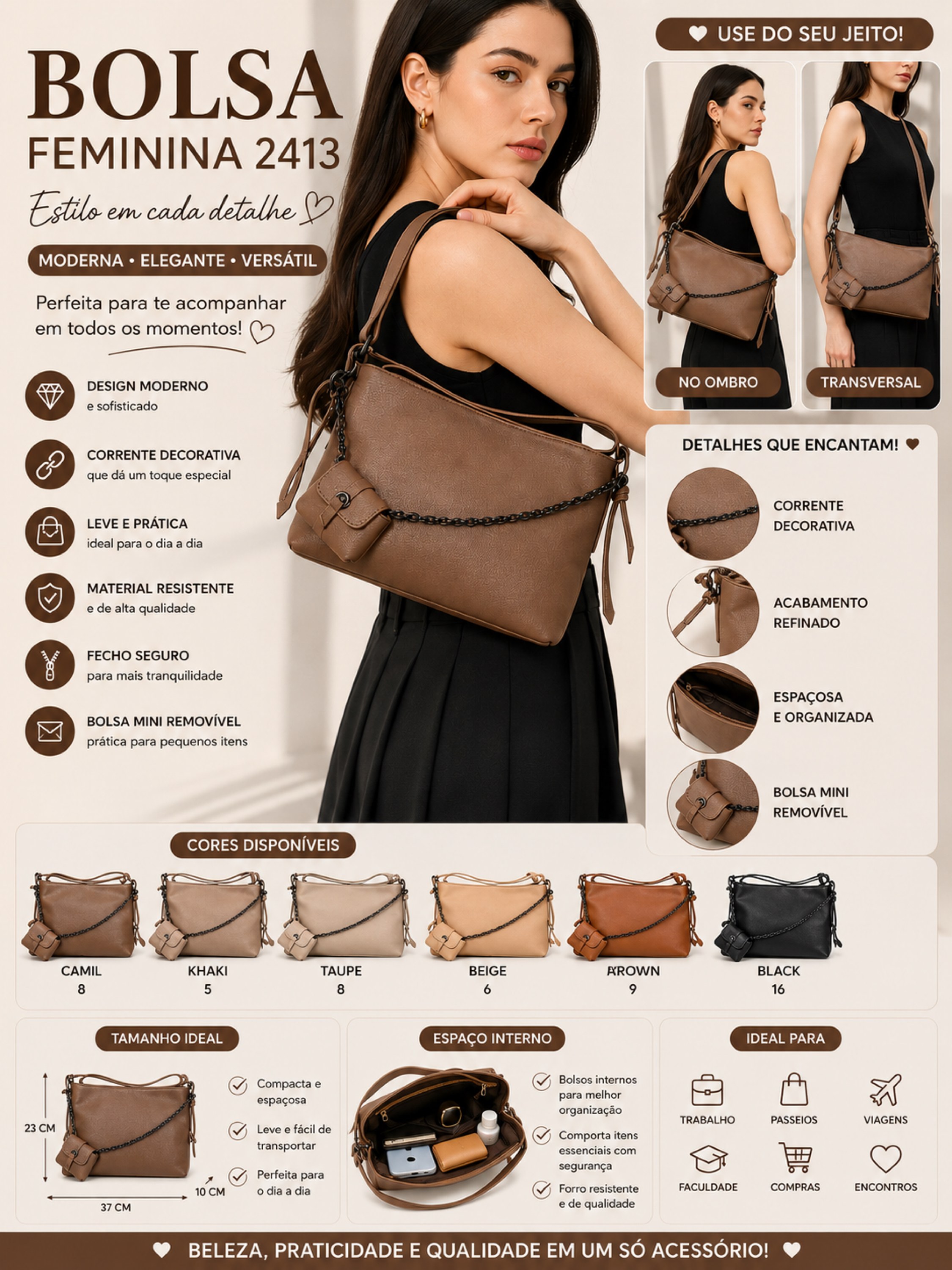 Bolsa Feminina Transversal com Corrente 2413