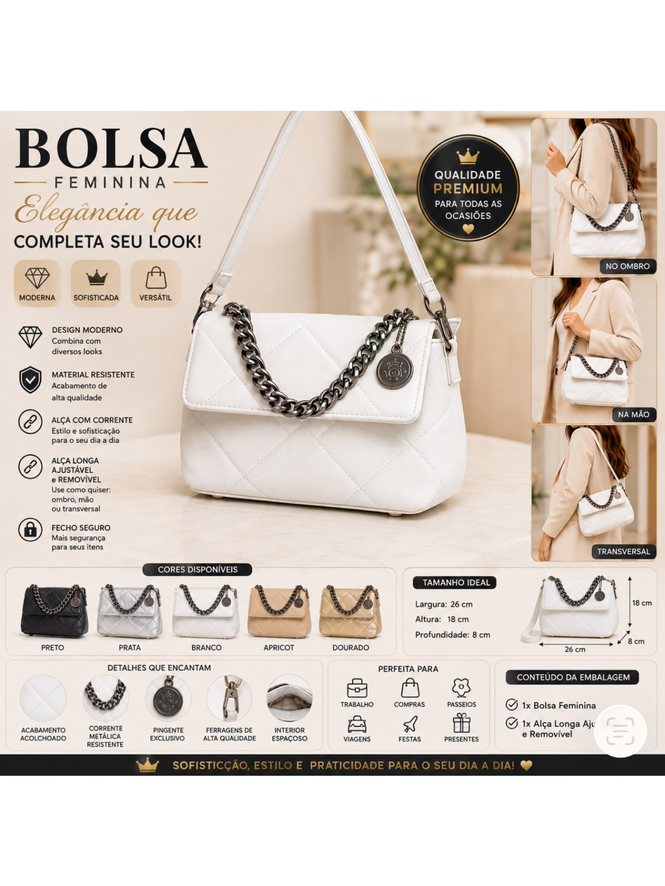 Bolsa Feminina Matelassê com Corrente Metálica  06062