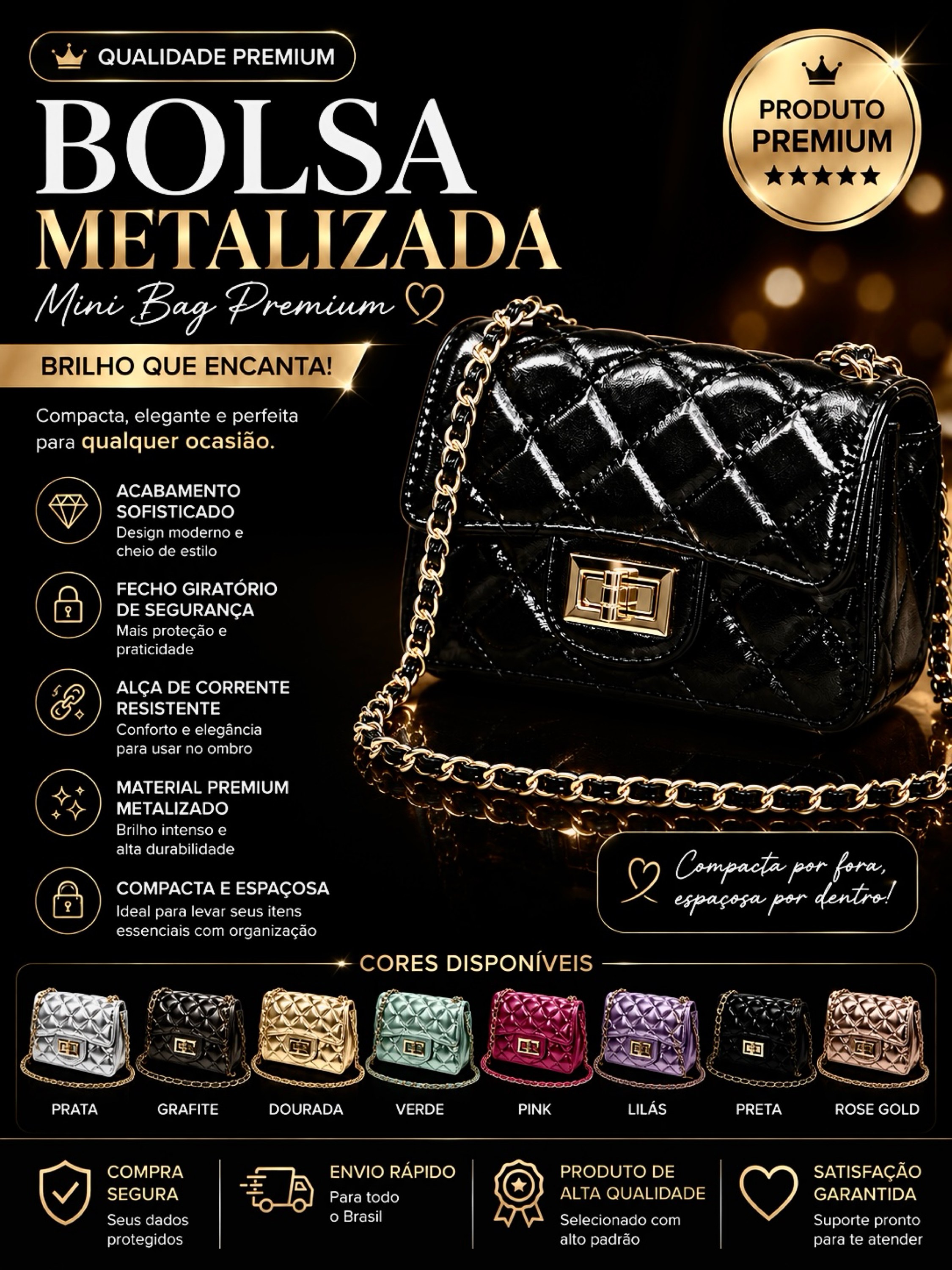 Bolsa Feminina Metalizada Matelassê com Corrente 06014