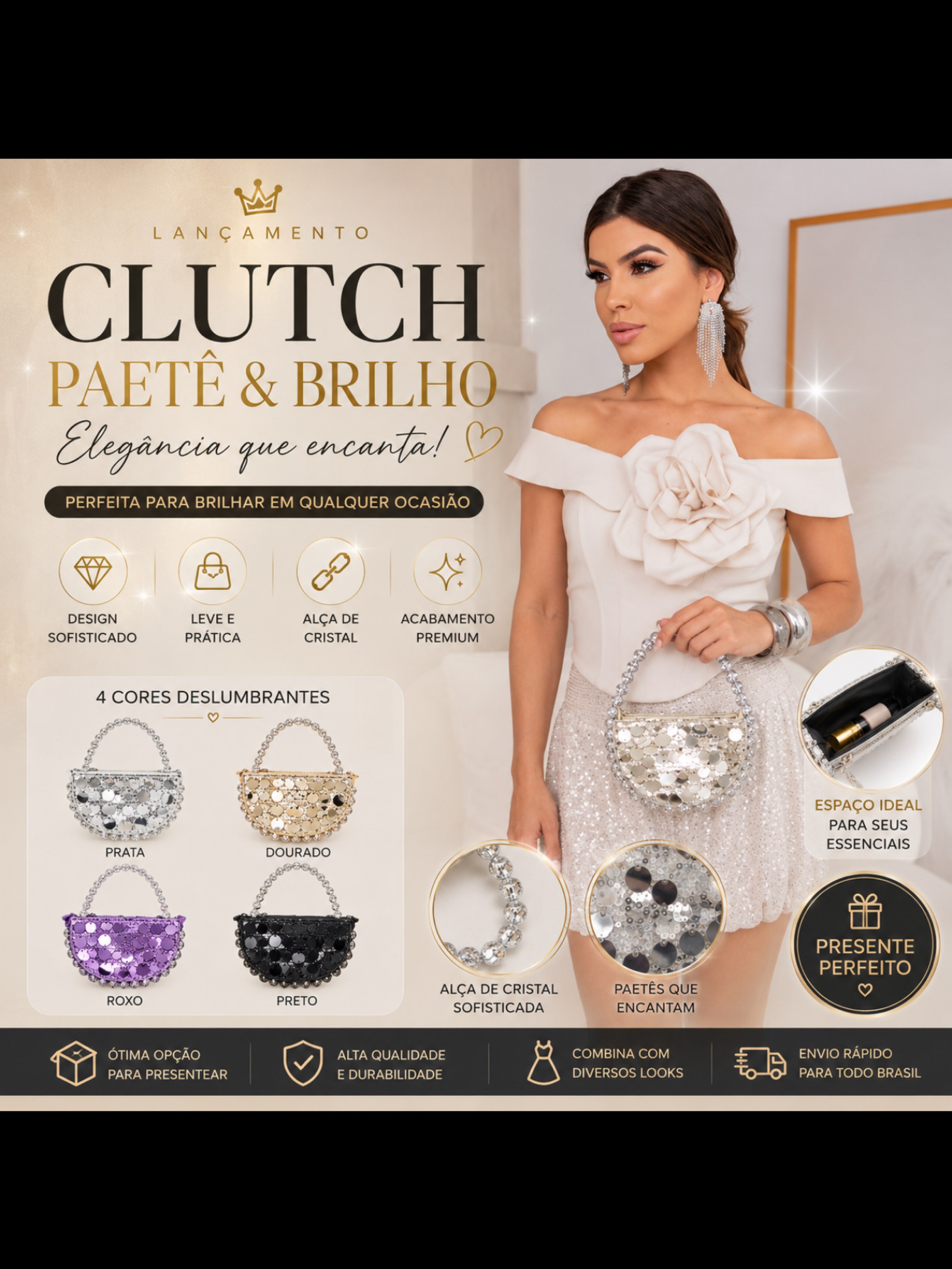 Bolsa Clutch Feminina de Paetê com Alça de Cristal R0090