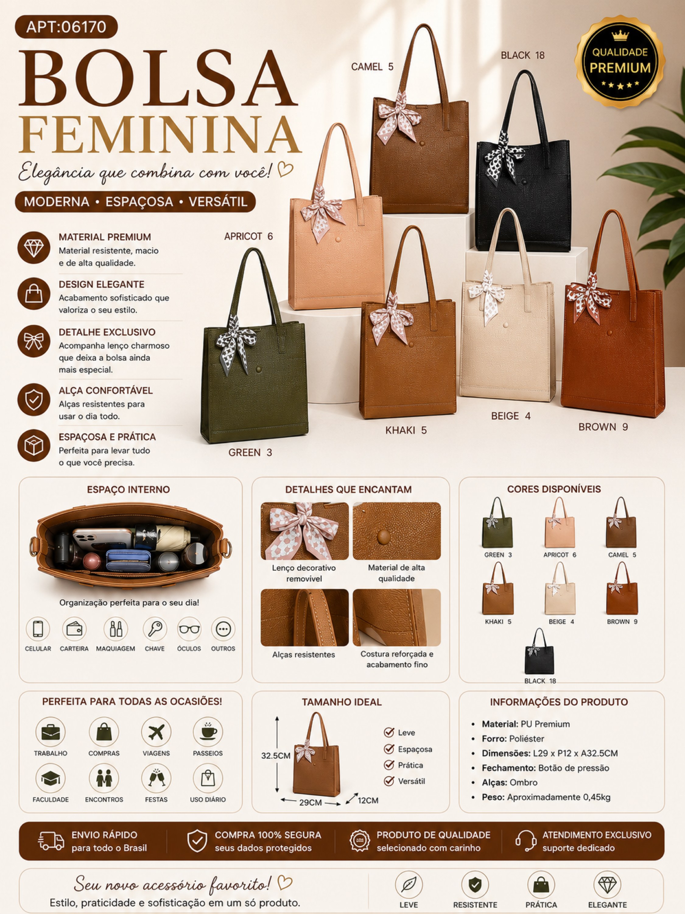 Bolsa Feminina Tote Grande com Lenço Decorativo 06170