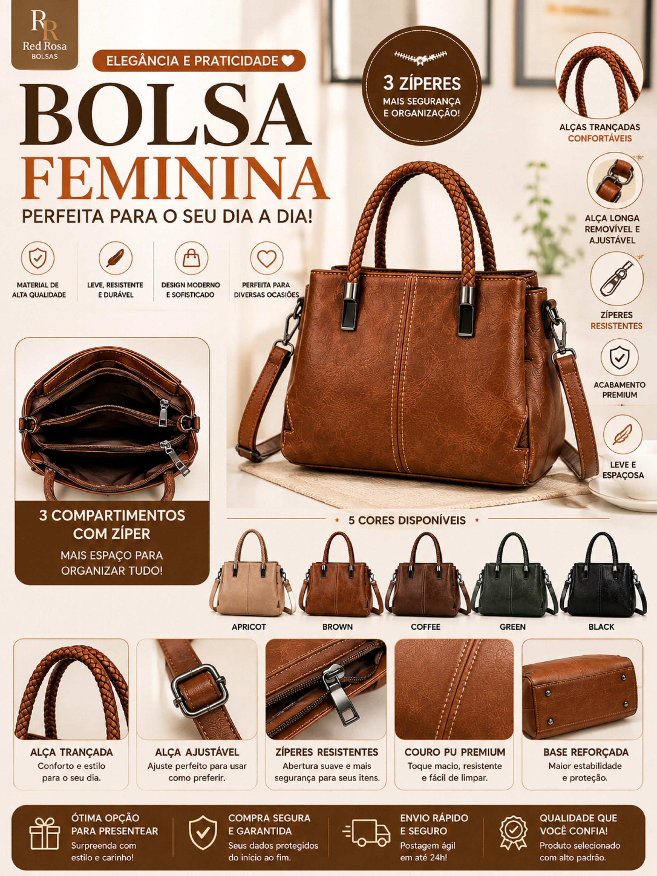 Bolsa Feminina Média com 3 Compartimentos 06086