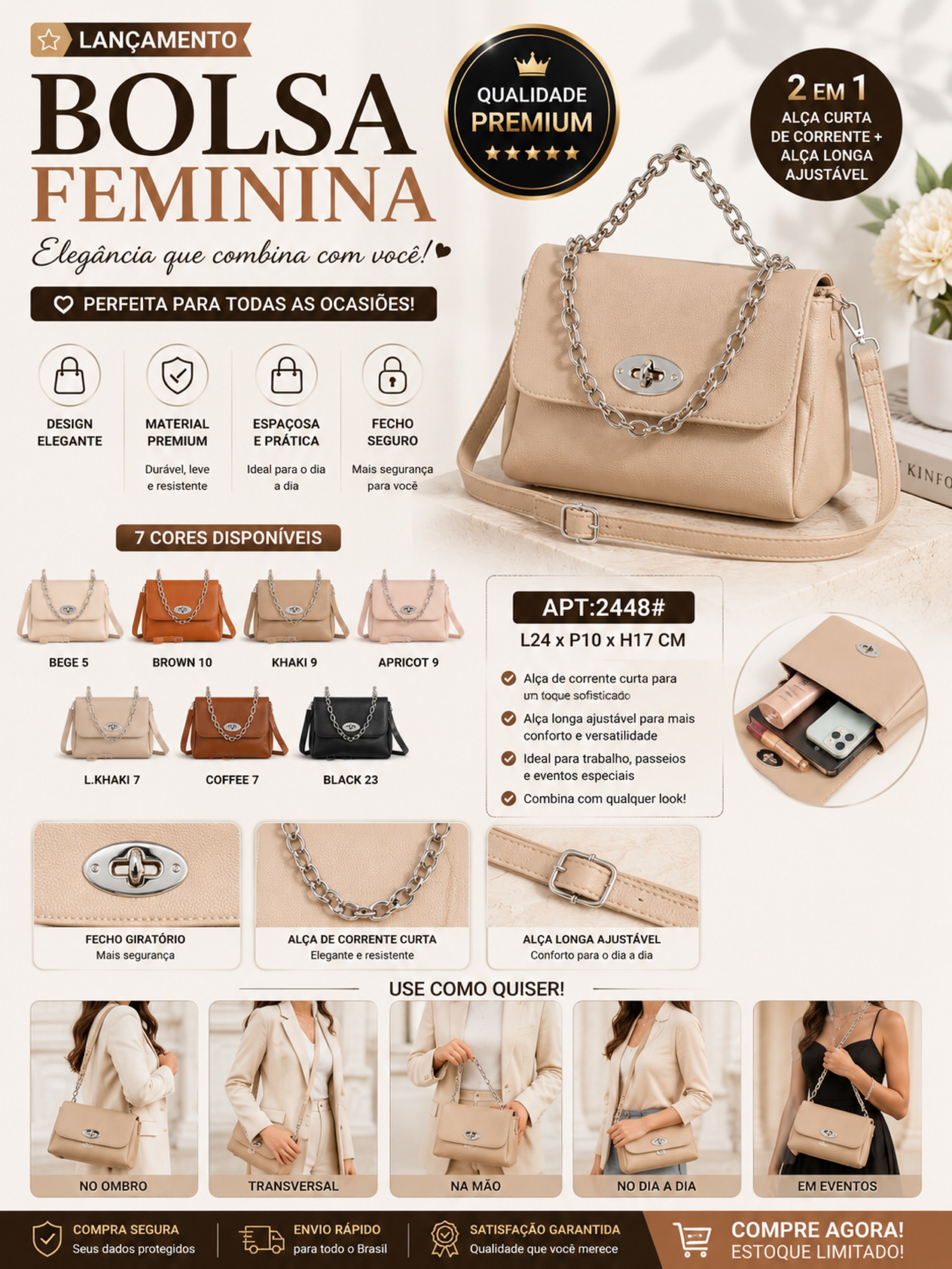 Bolsa Feminina Elegante de Ombro e Transversal  2448