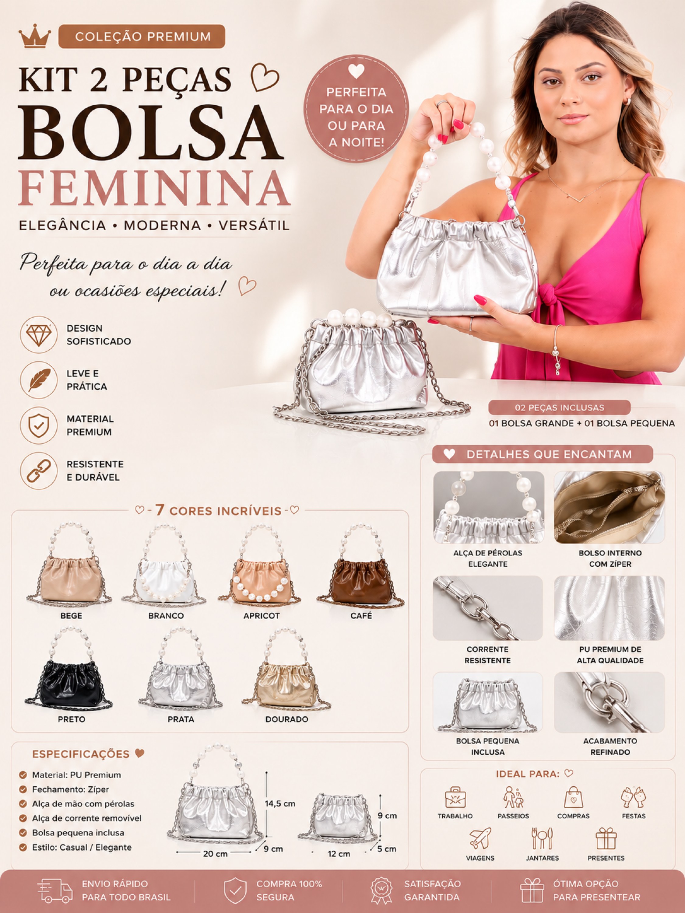 Bolsa Feminina transversal com Alça de Pérolas 2493