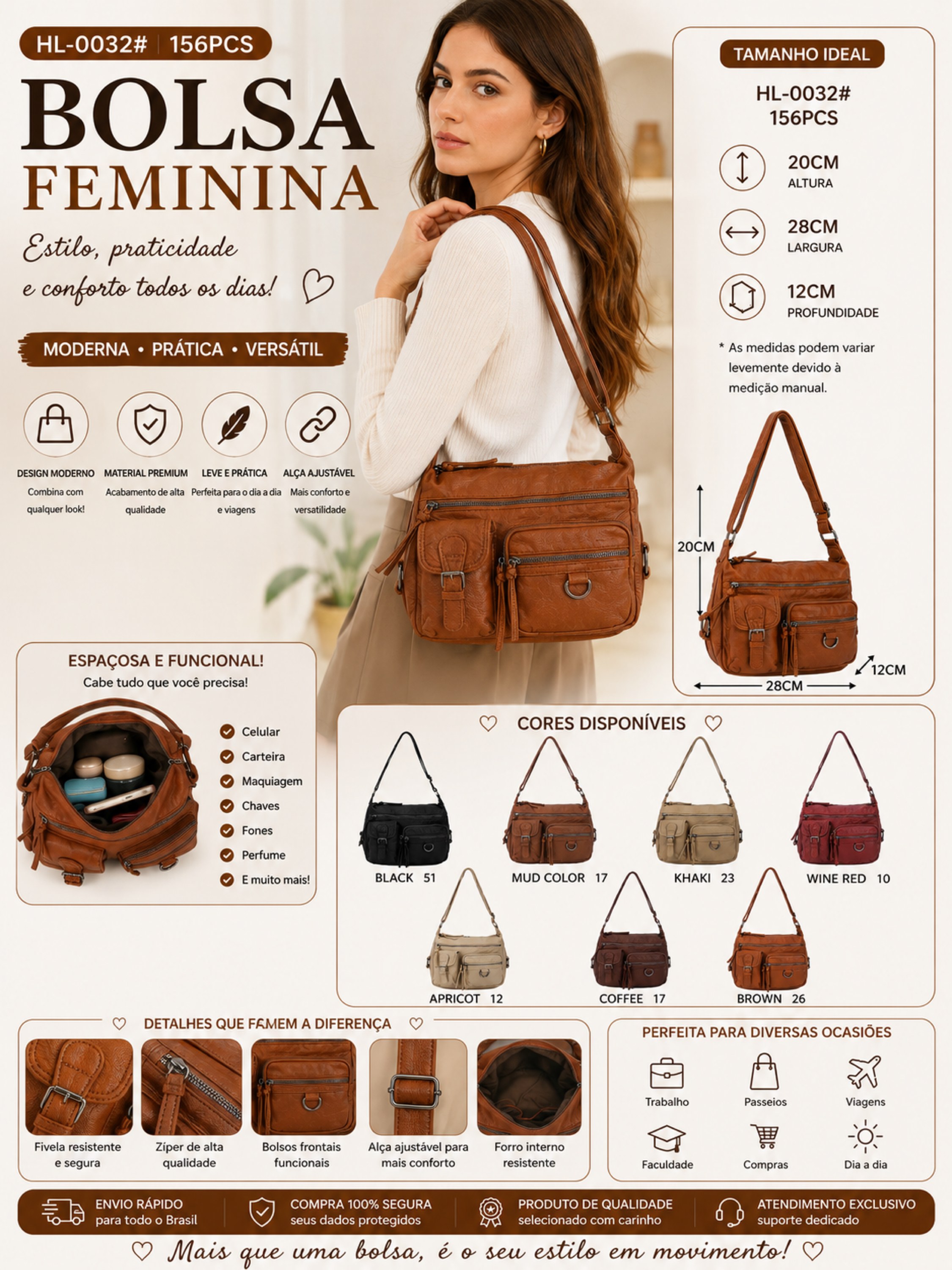 Bolsa Feminina Transversal Multi Bolsos  HL0031