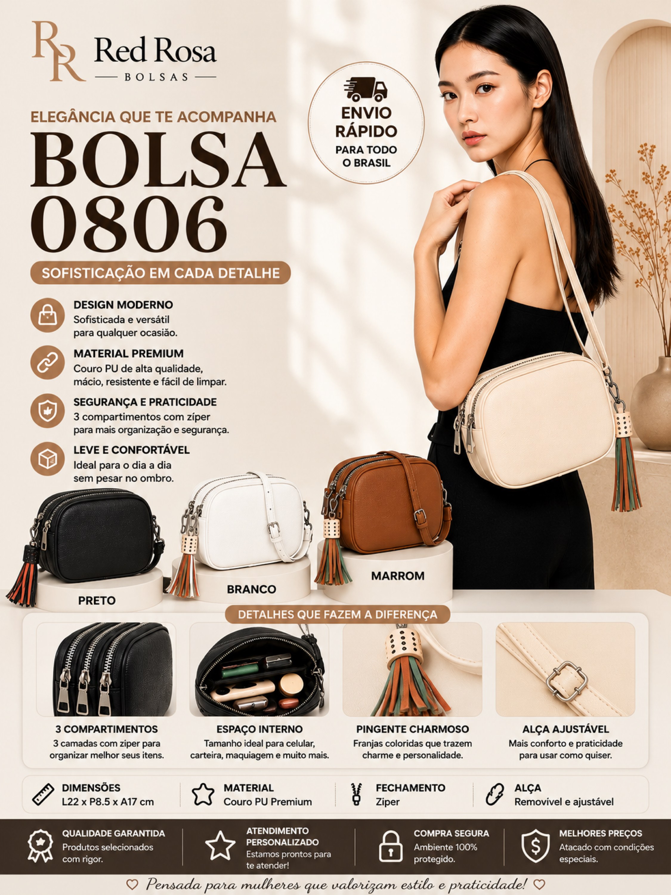 Bolsa Feminina Transversal 3 Compartimentos com Zíper 0806