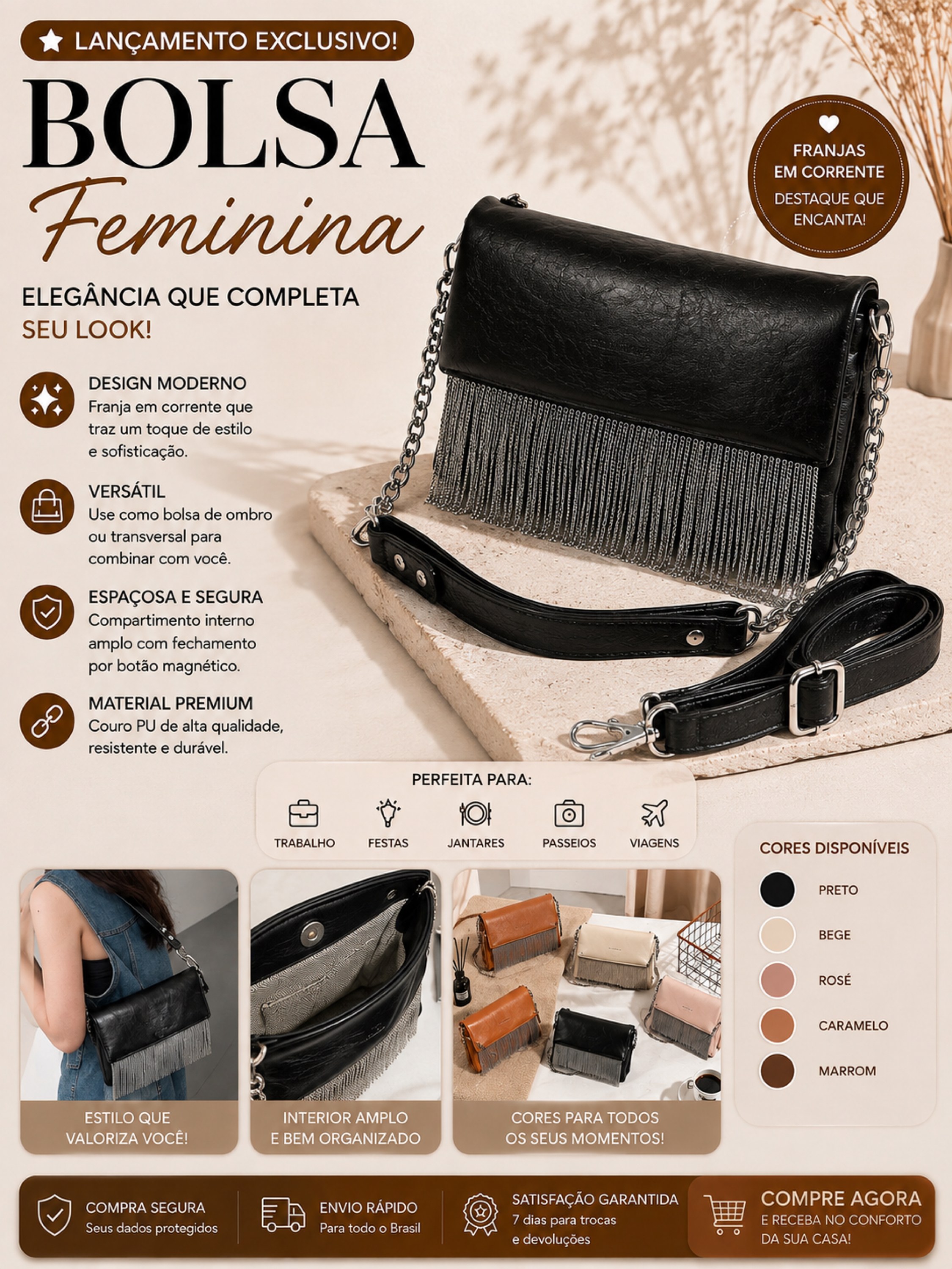 Bolsa Feminina de Ombro com Franjas | Transversal 2405