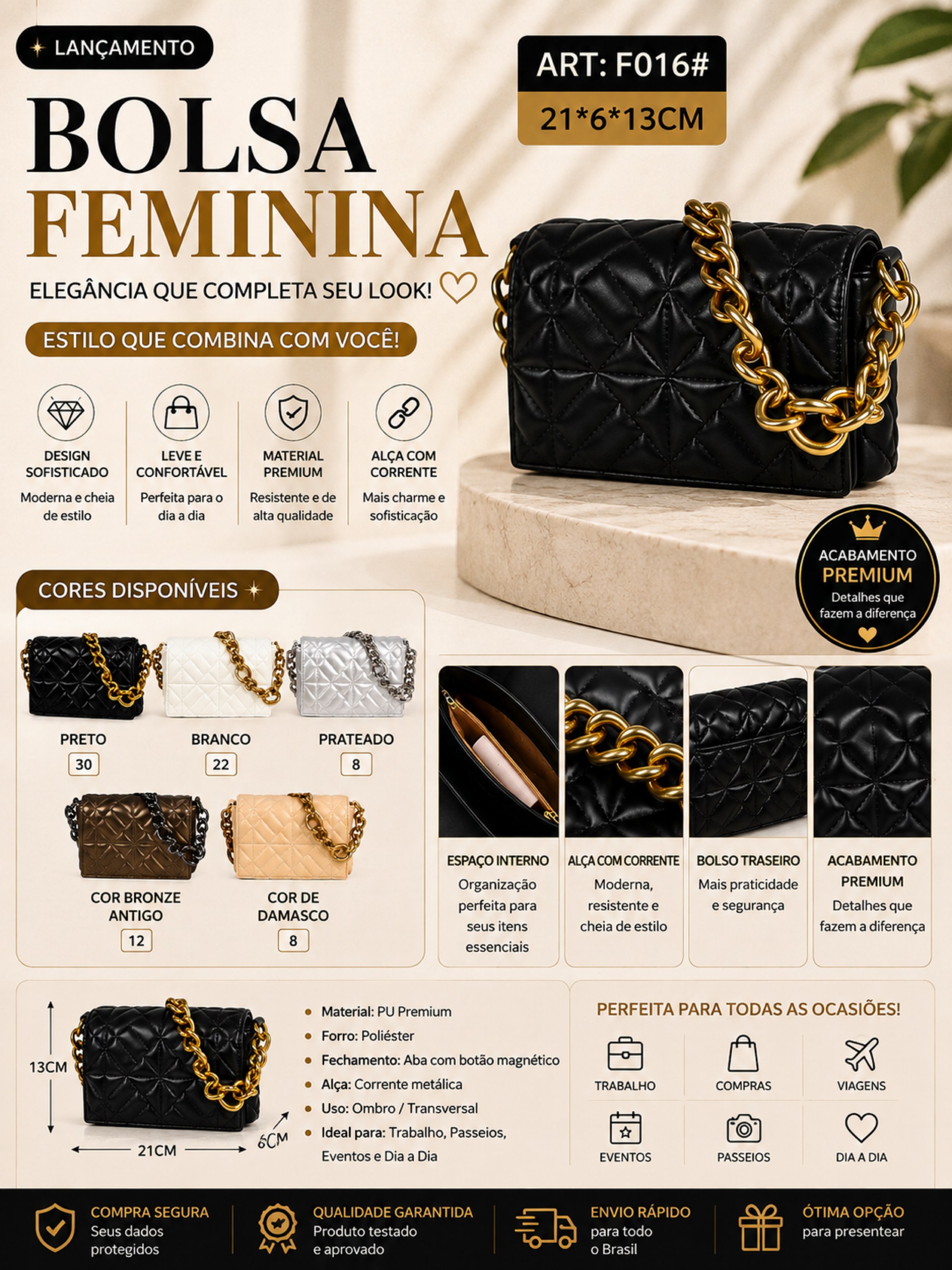 Bolsa Feminina Matelassê Premium com Corrente F016