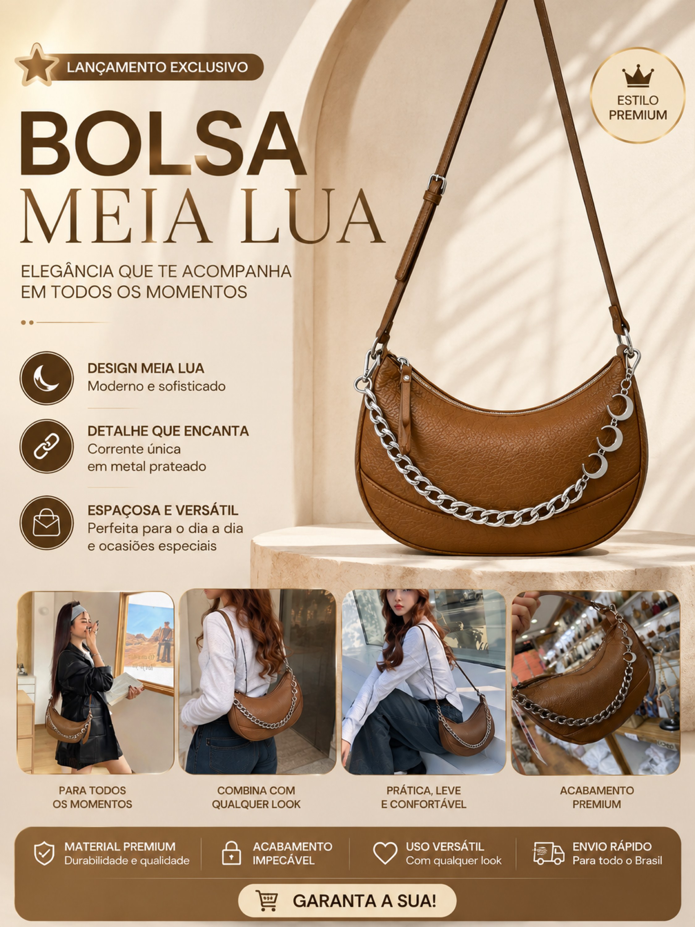 Bolsa Feminina Meia Lua com Corrente Metálica 06158