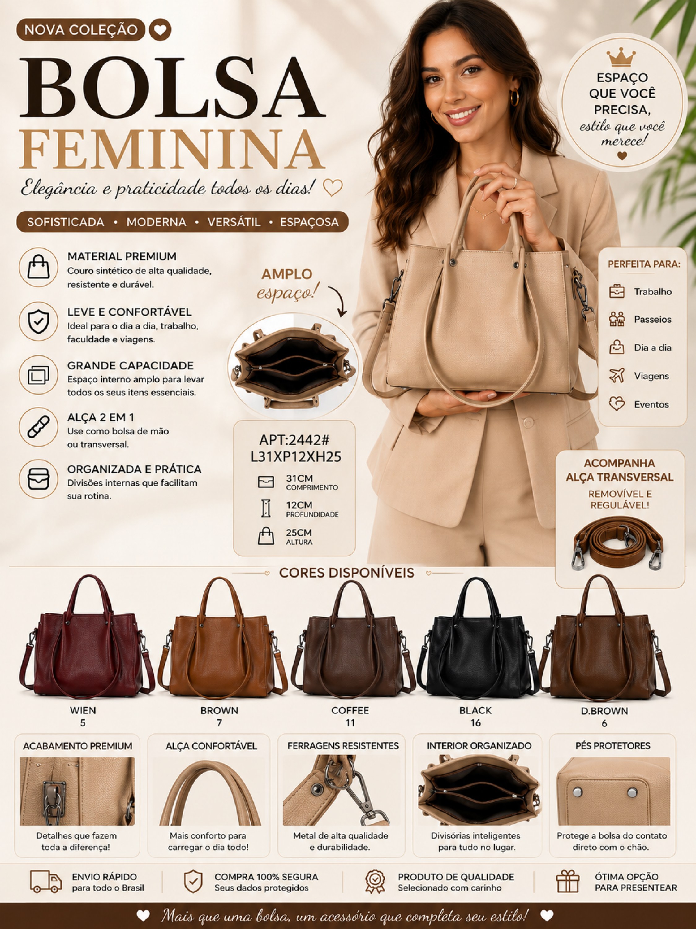 Bolsa Feminina Grande de Ombro 2 em 1 APT:2442