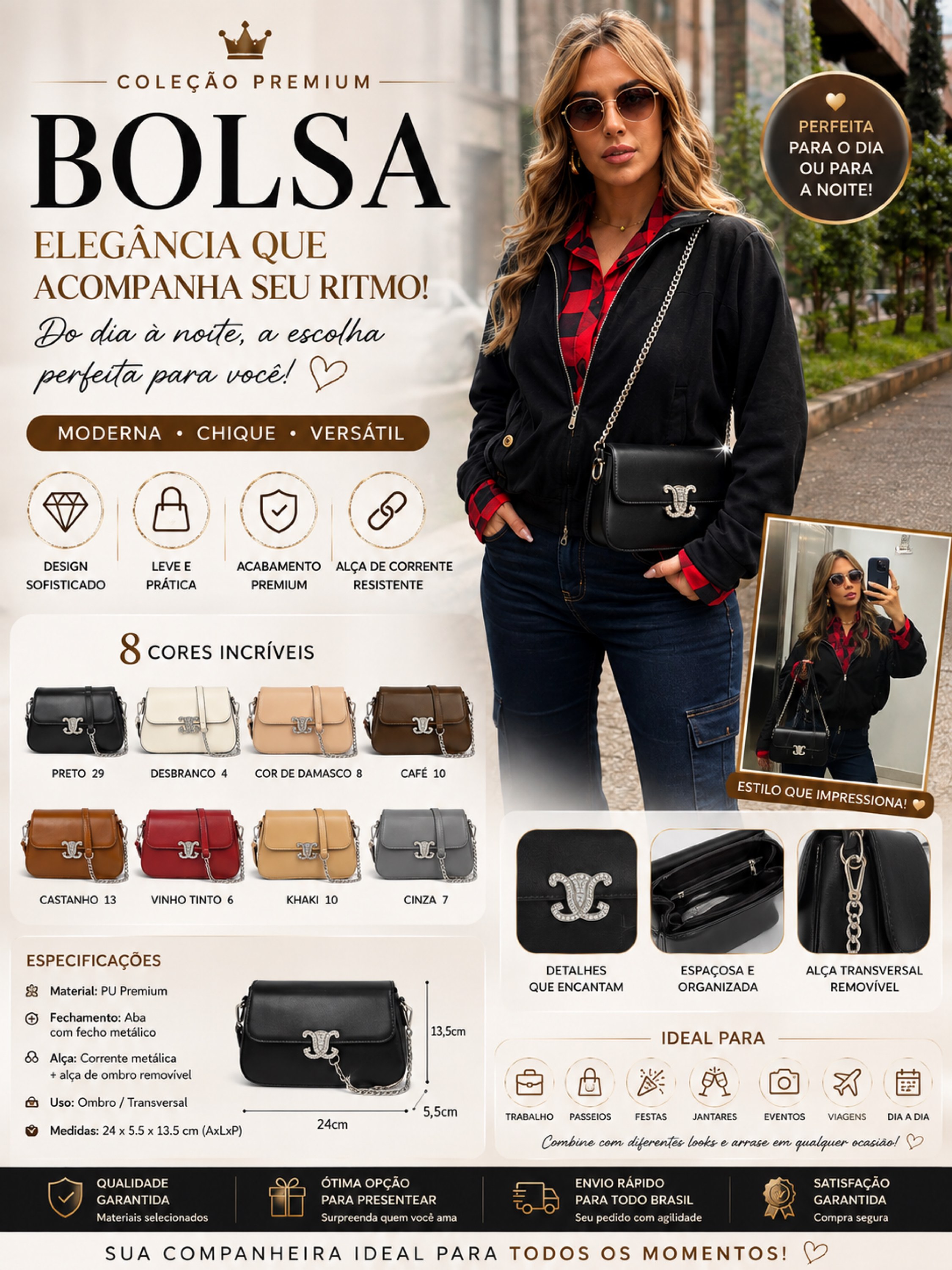 Bolsa Feminina Transversal Elegante com Corrente F033