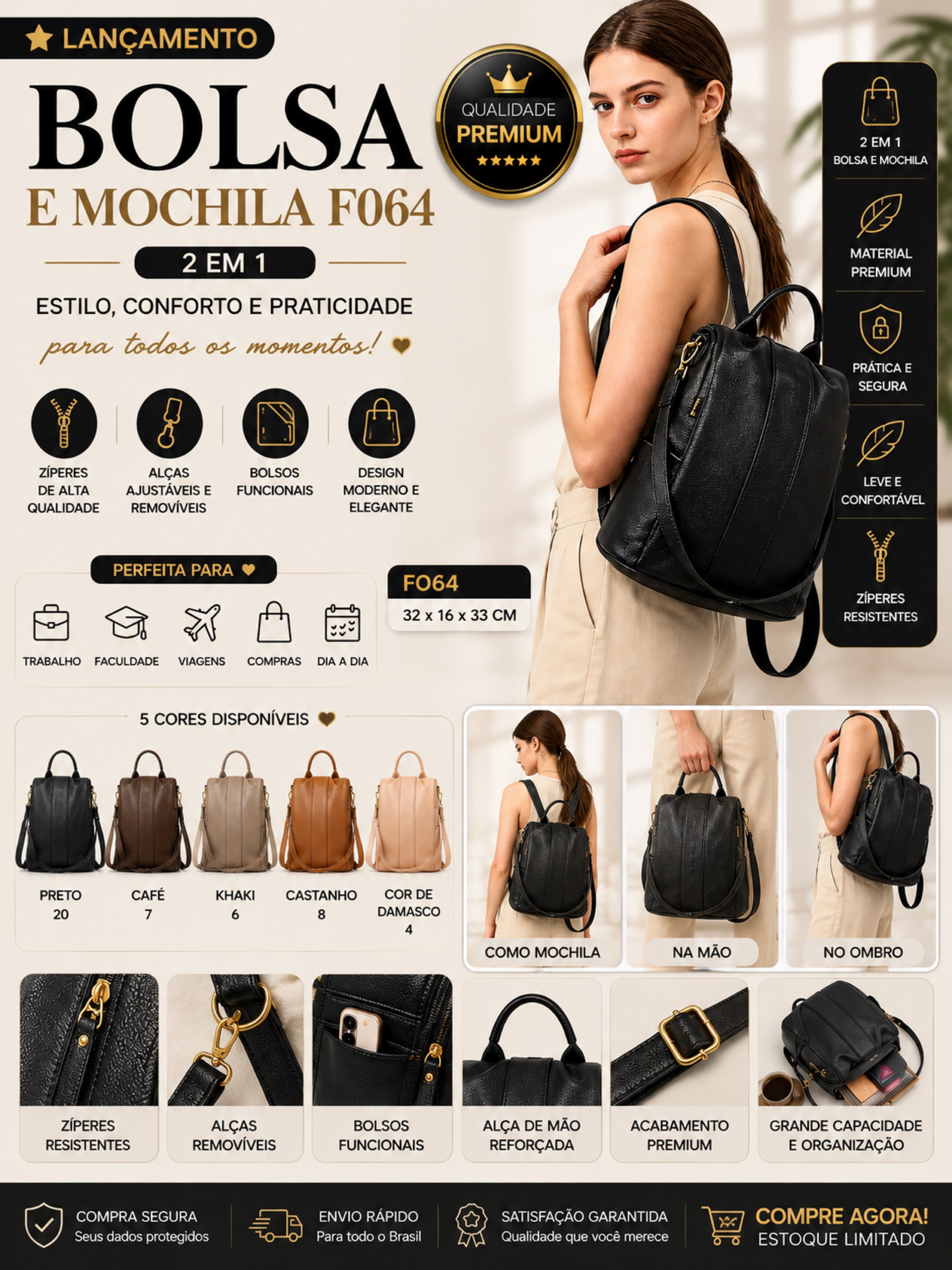 Bolsa e Mochila Feminina 2 em 1 -F064