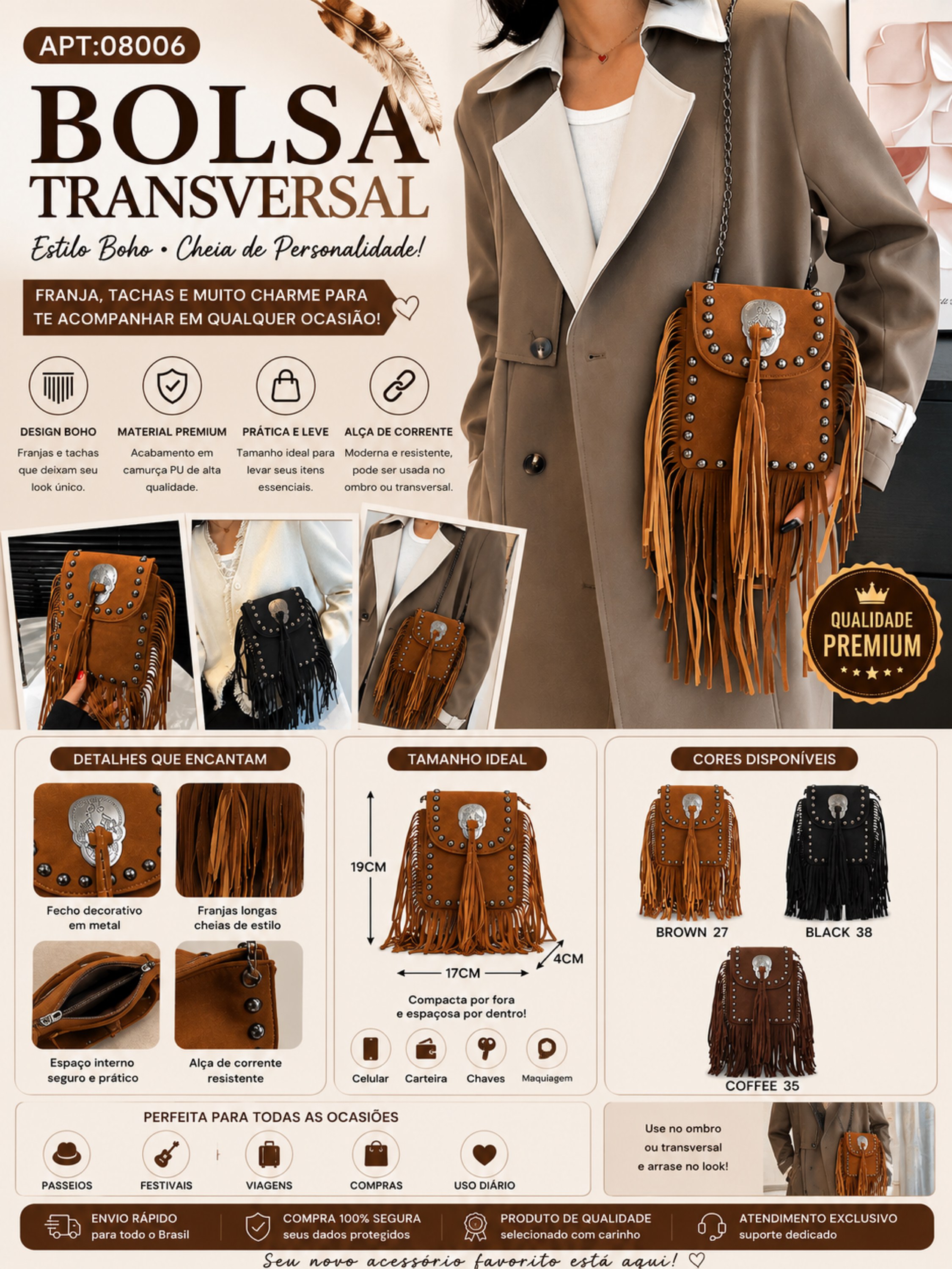 Bolsa Transversal Boho Feminina com Franjas e Tachas 08006