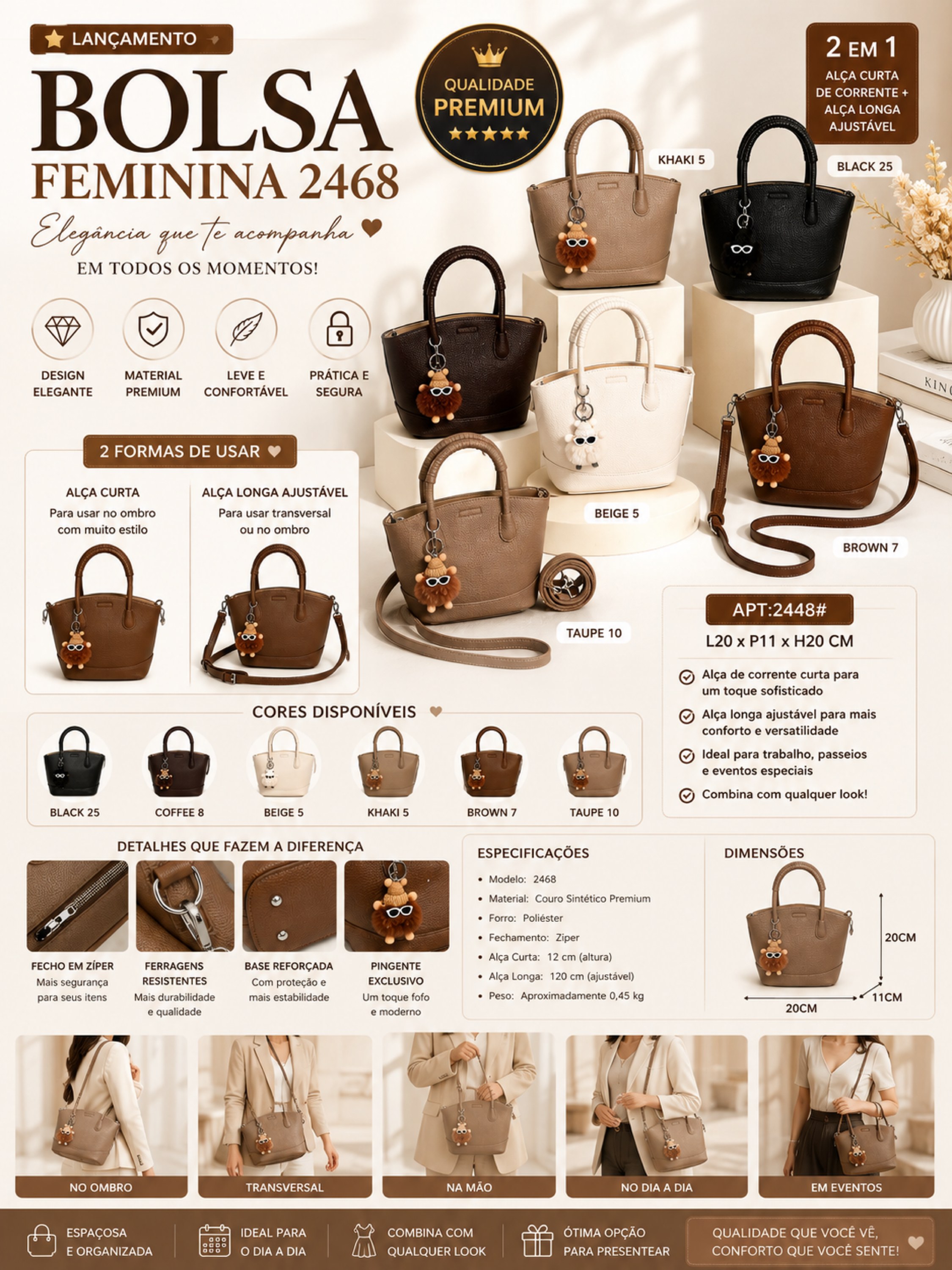 Bolsa Feminina de Mão com Alça Longa Ajustável 2468