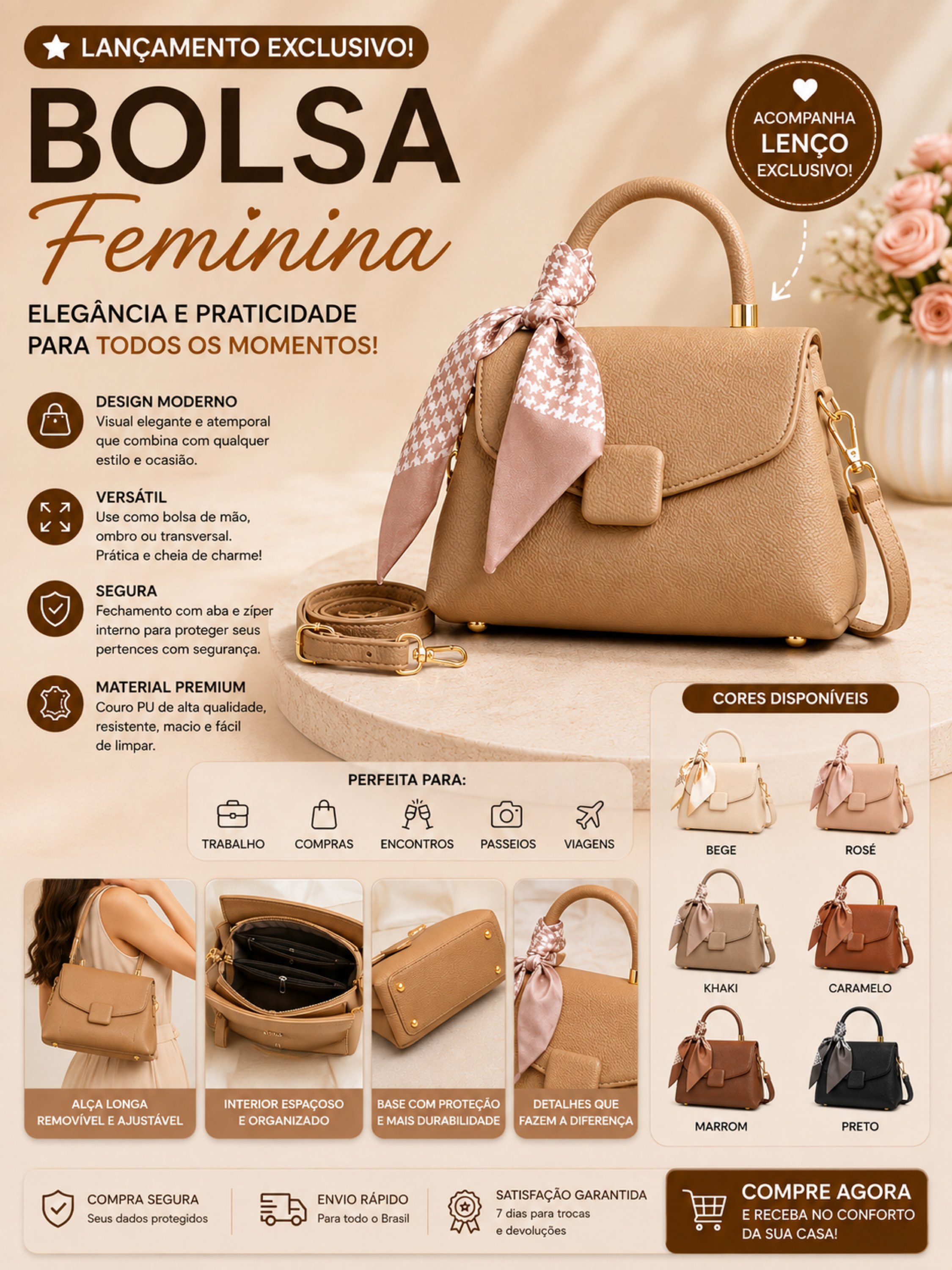 Bolsa Feminina Elegante de Mão e Transversal 06101