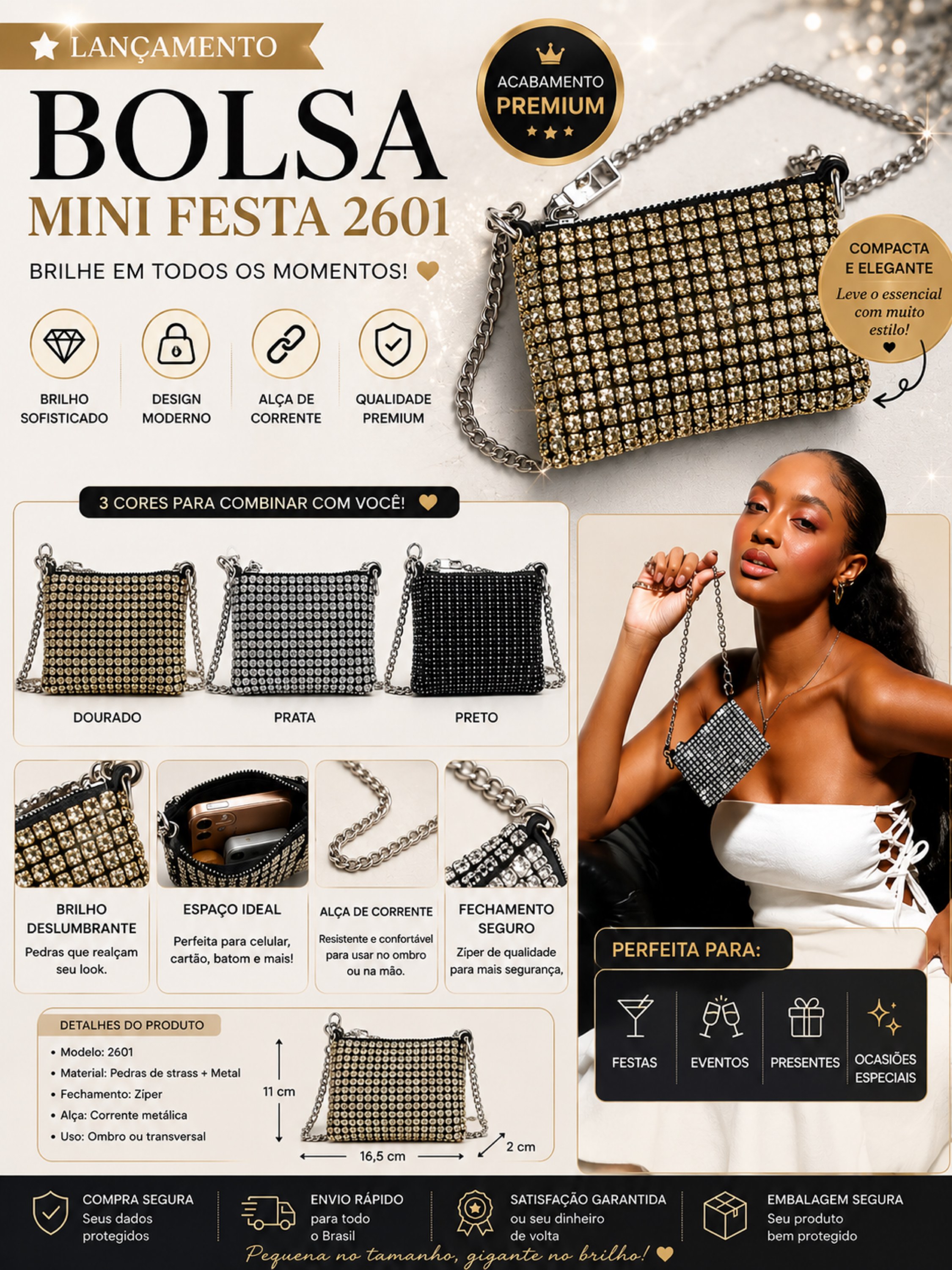 Bolsa Mini Festa de Strass com Corrente 2601