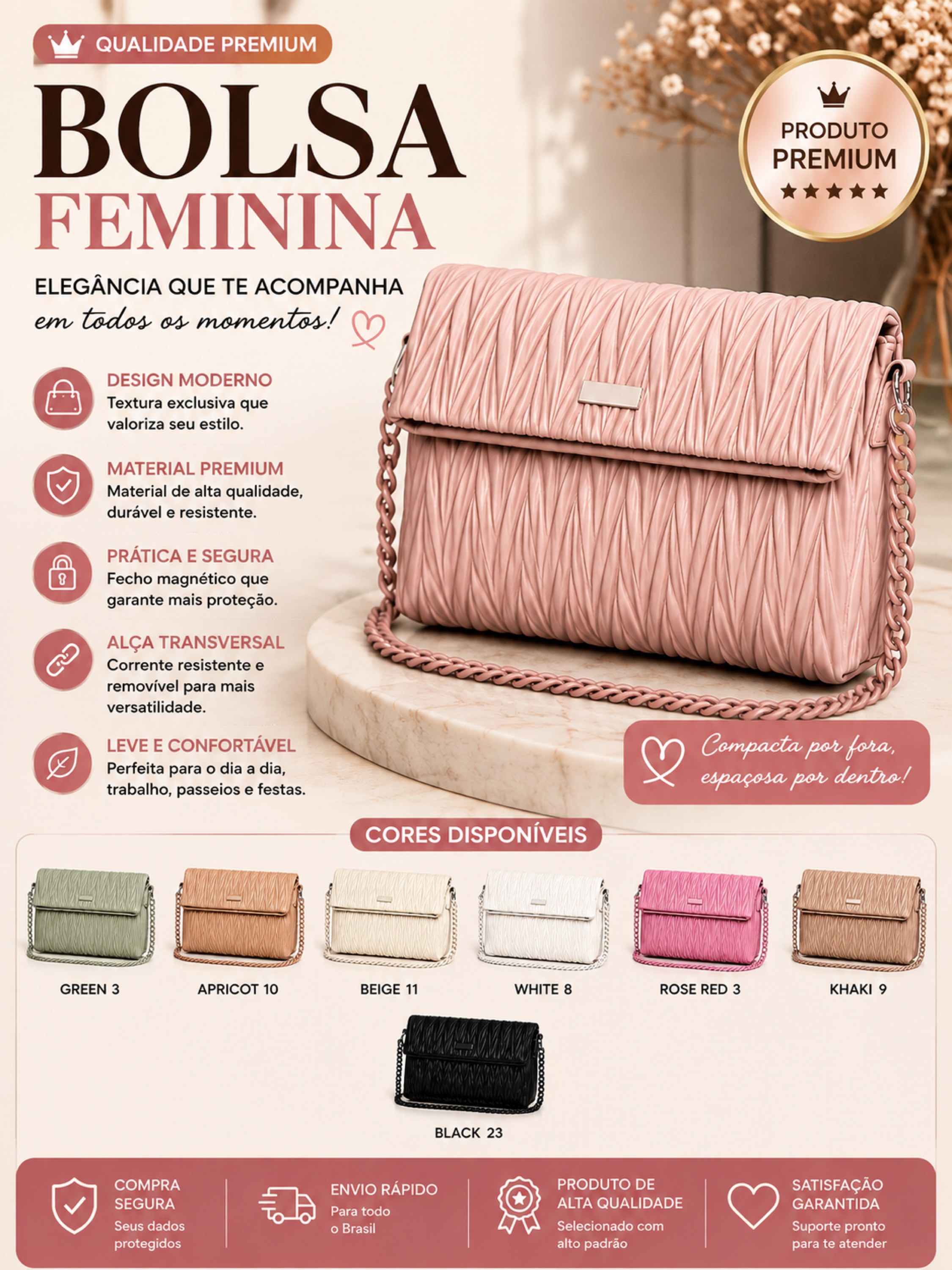Bolsa Feminina Matelassê com Corrente Premium 0821