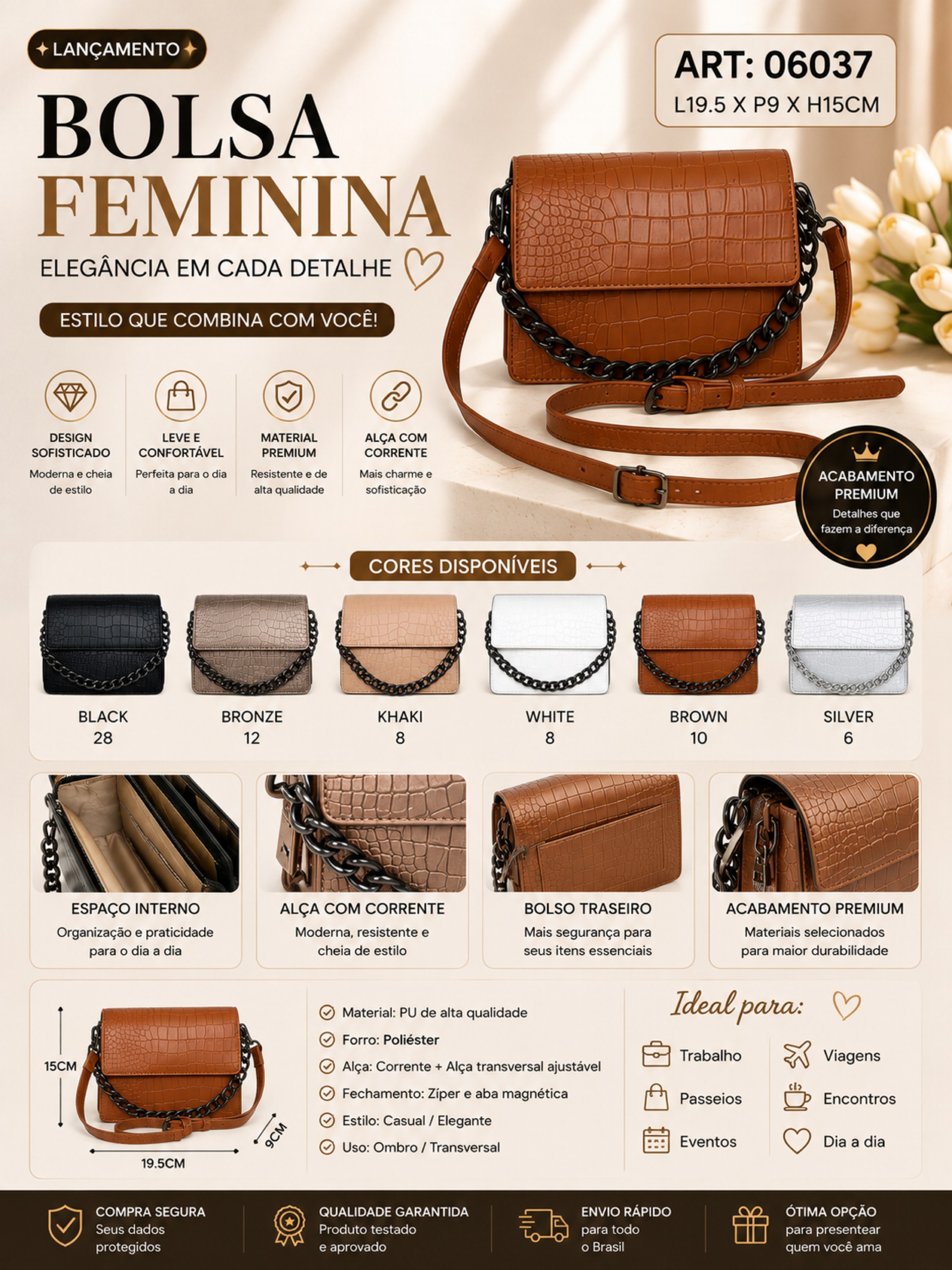 Bolsa Feminina Croco com Corrente Premium F037