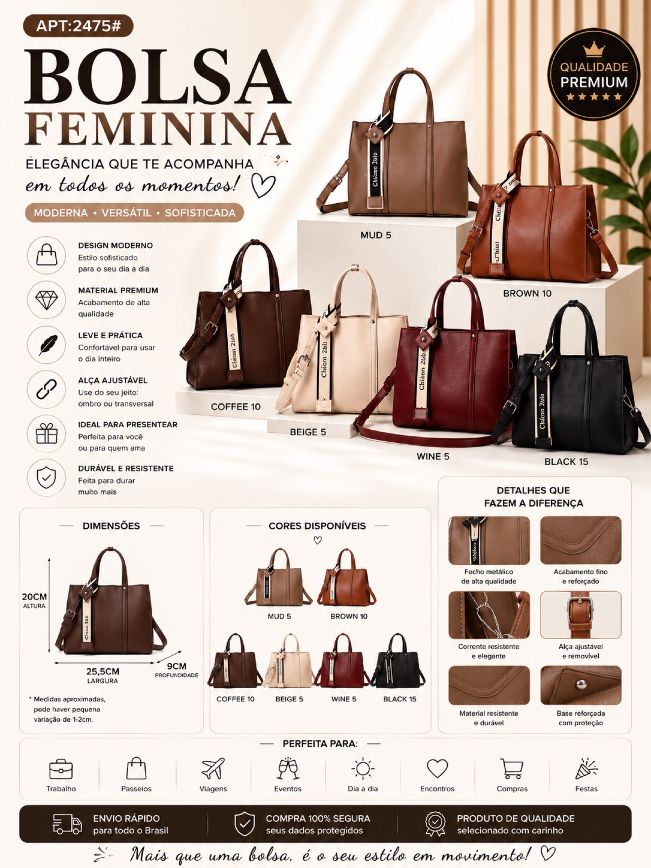 Bolsa Feminina Premium Grande Casual Elegante 2475