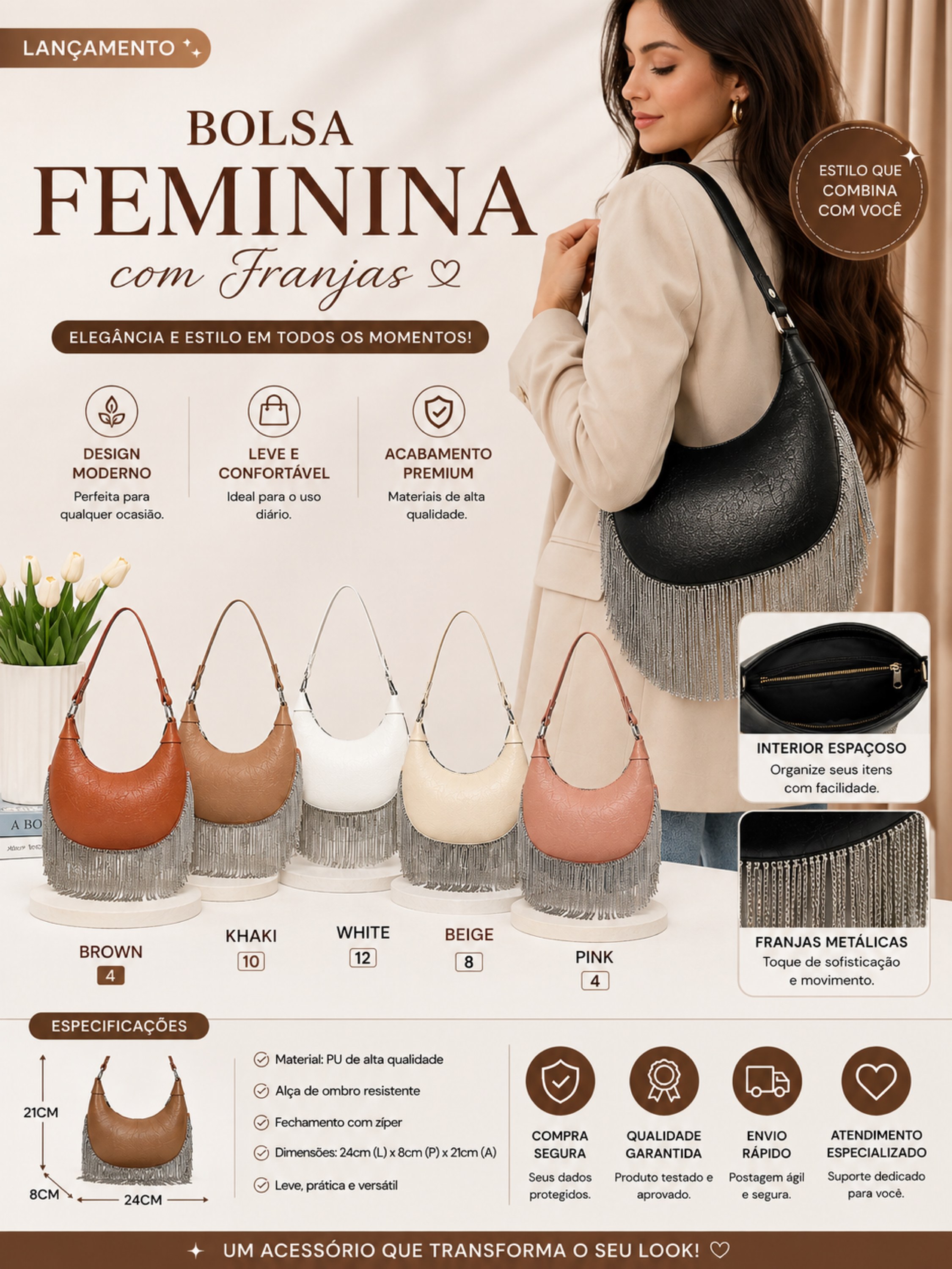 Bolsa Feminina de Ombro com Franjas Metálicas  2406