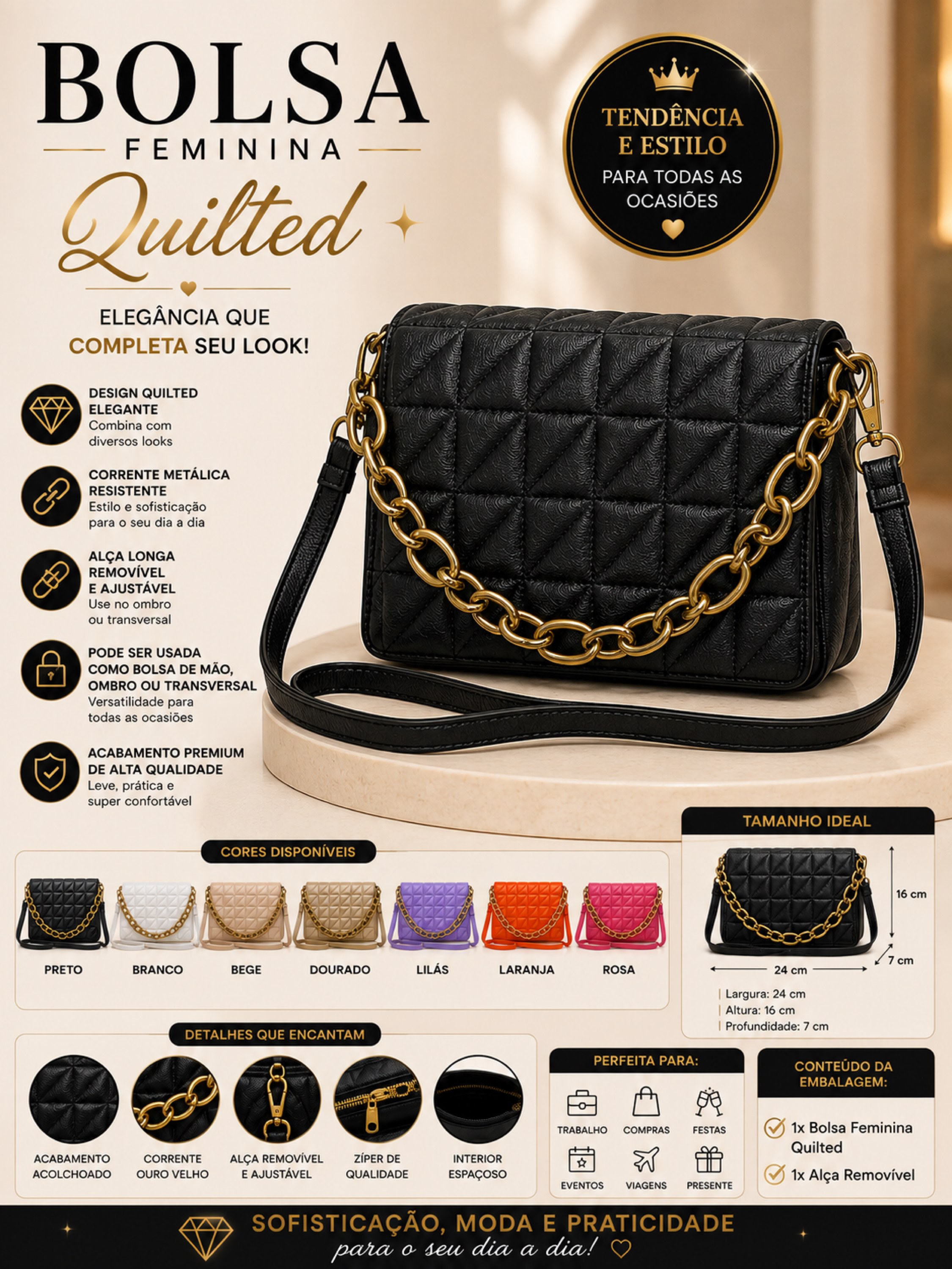 Bolsa Feminina Matelassê com Corrente F015