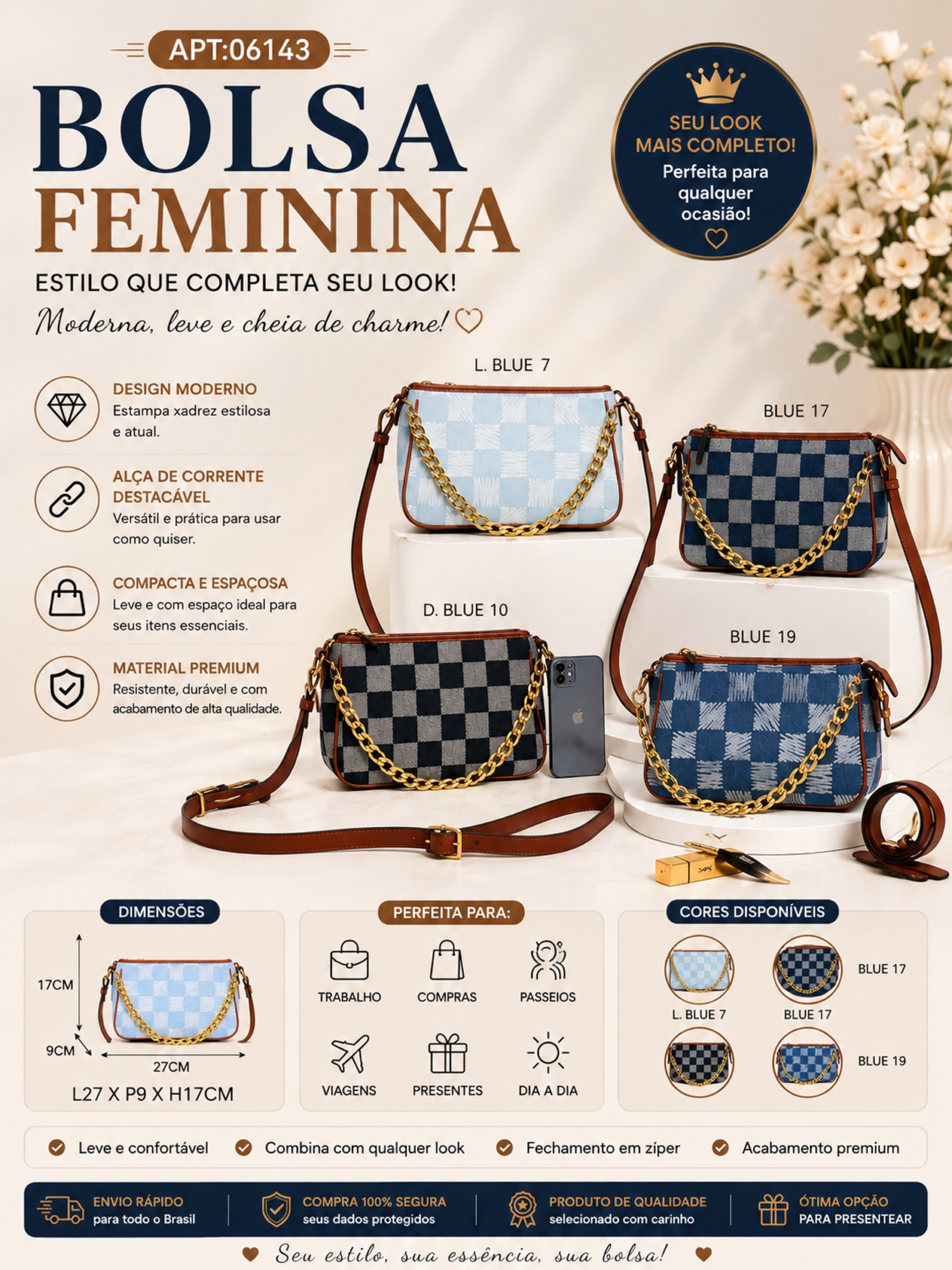 Bolsa jeans de Ombro e Transversal com Corrente 06143
