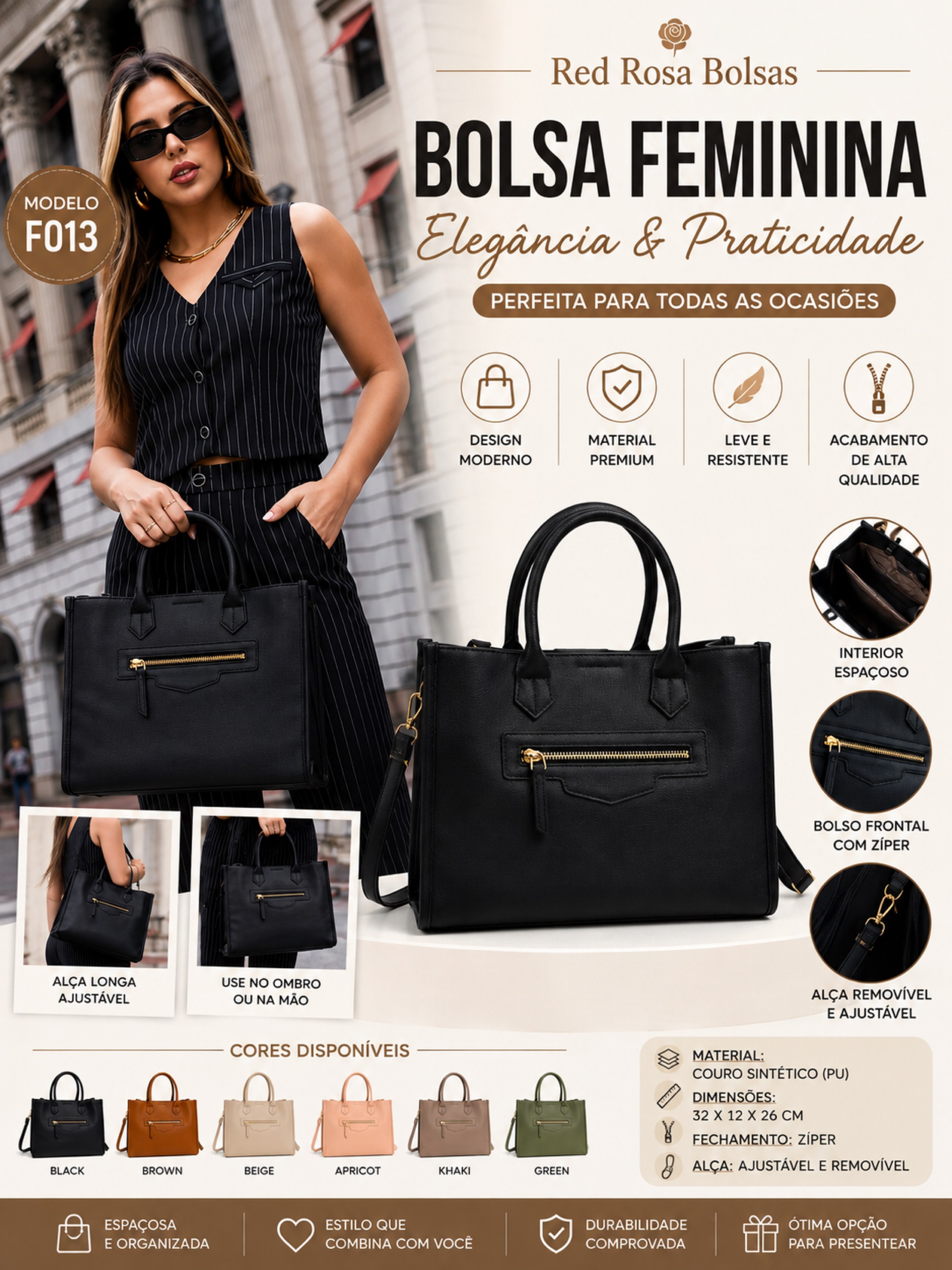 Bolsa Feminina Tote Grande Executiva com Alça Removível F013
