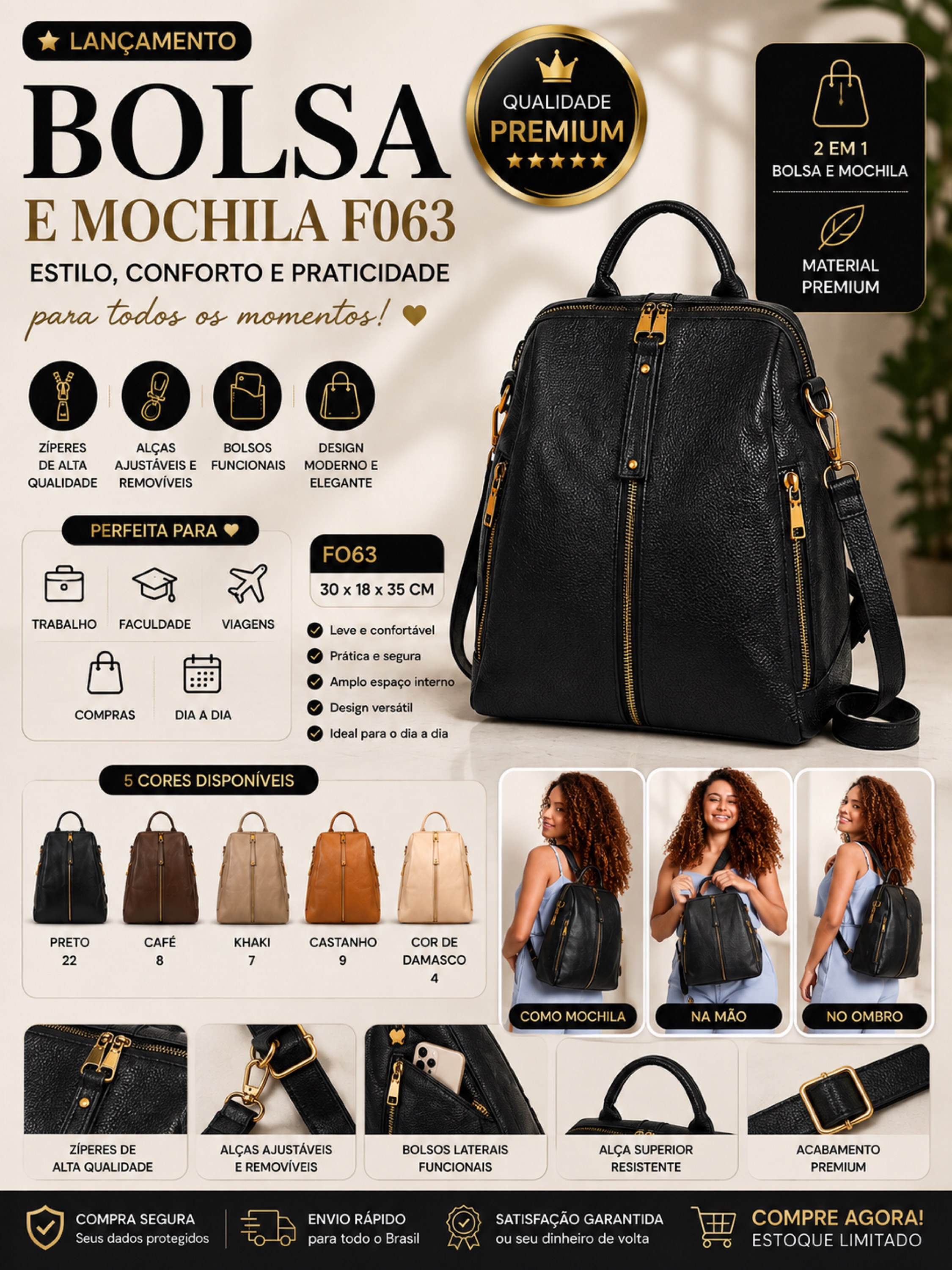 Bolsa Mochila Feminina 2 em 1 - F063