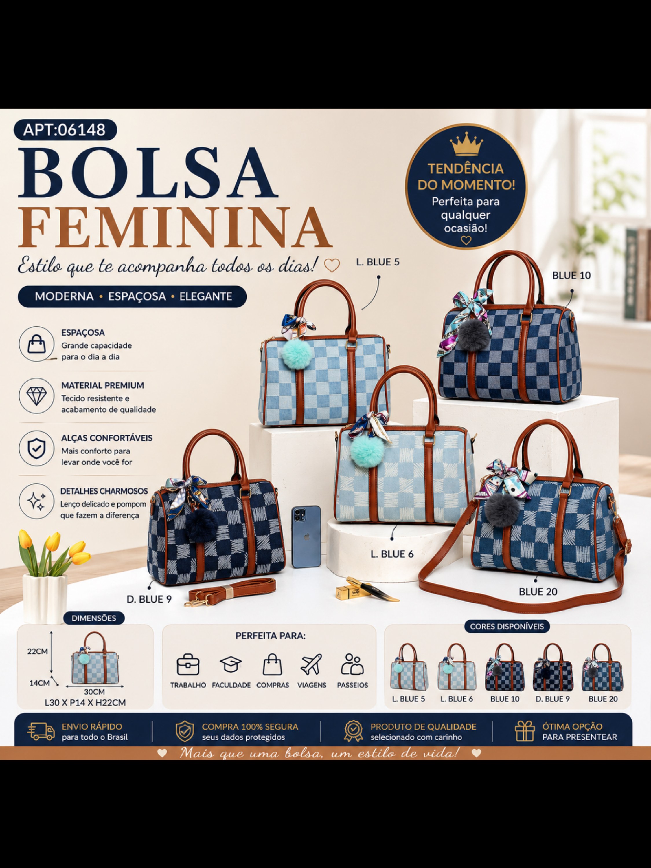 Bolsa Feminina Xadrez Jeans Grande  06148