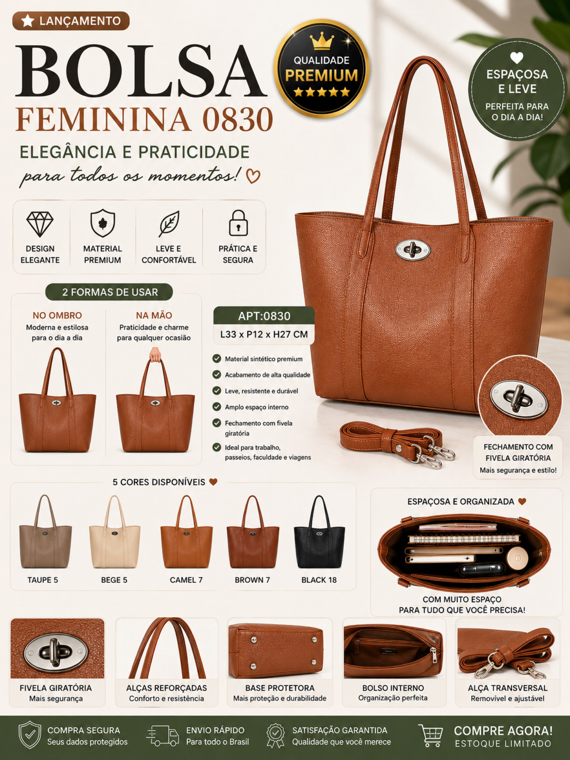 Bolsa Feminina Grande Tote Premium 0830
