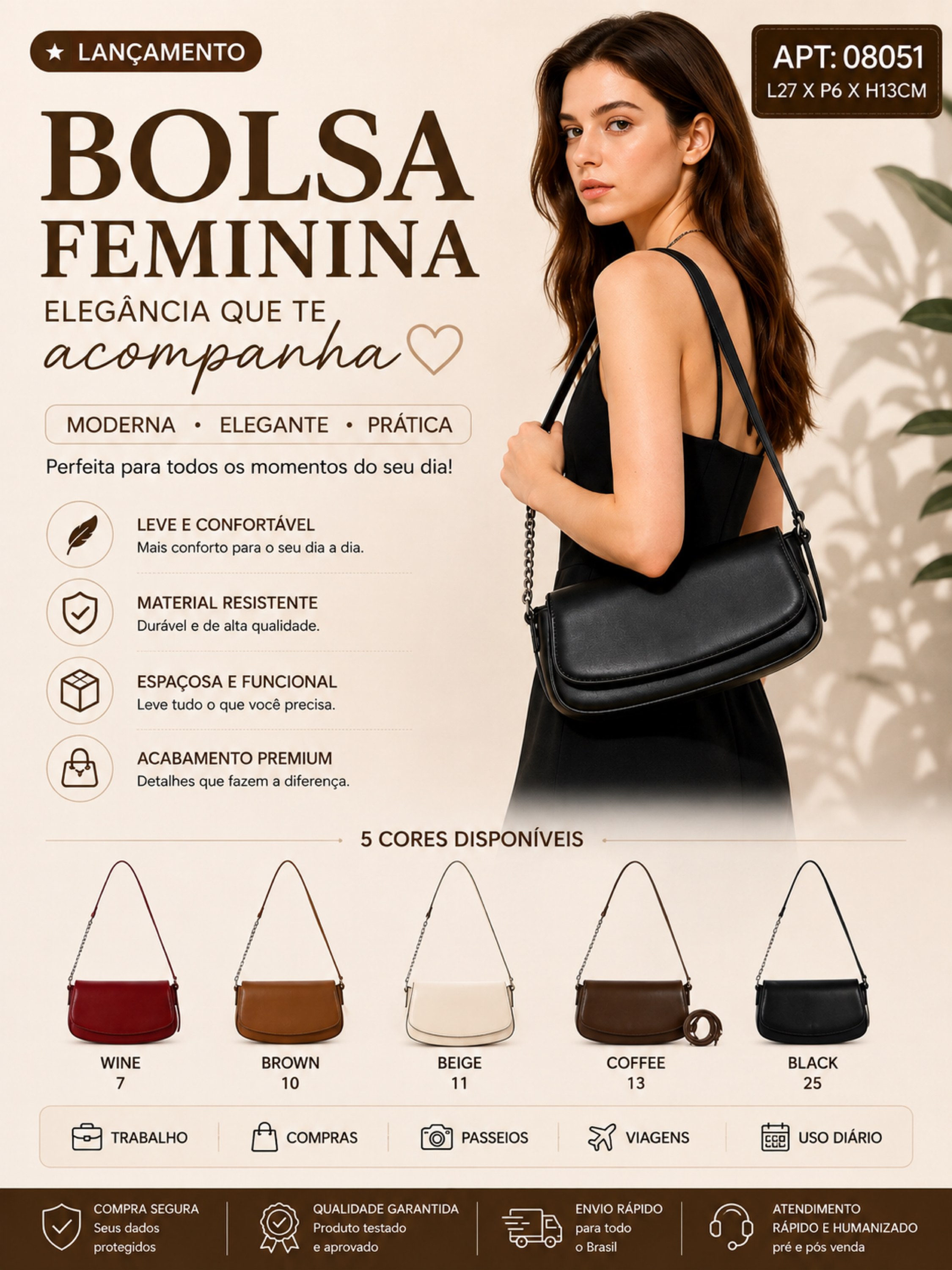 Bolsa Feminina de Ombro com Alça Ajustável 08051
