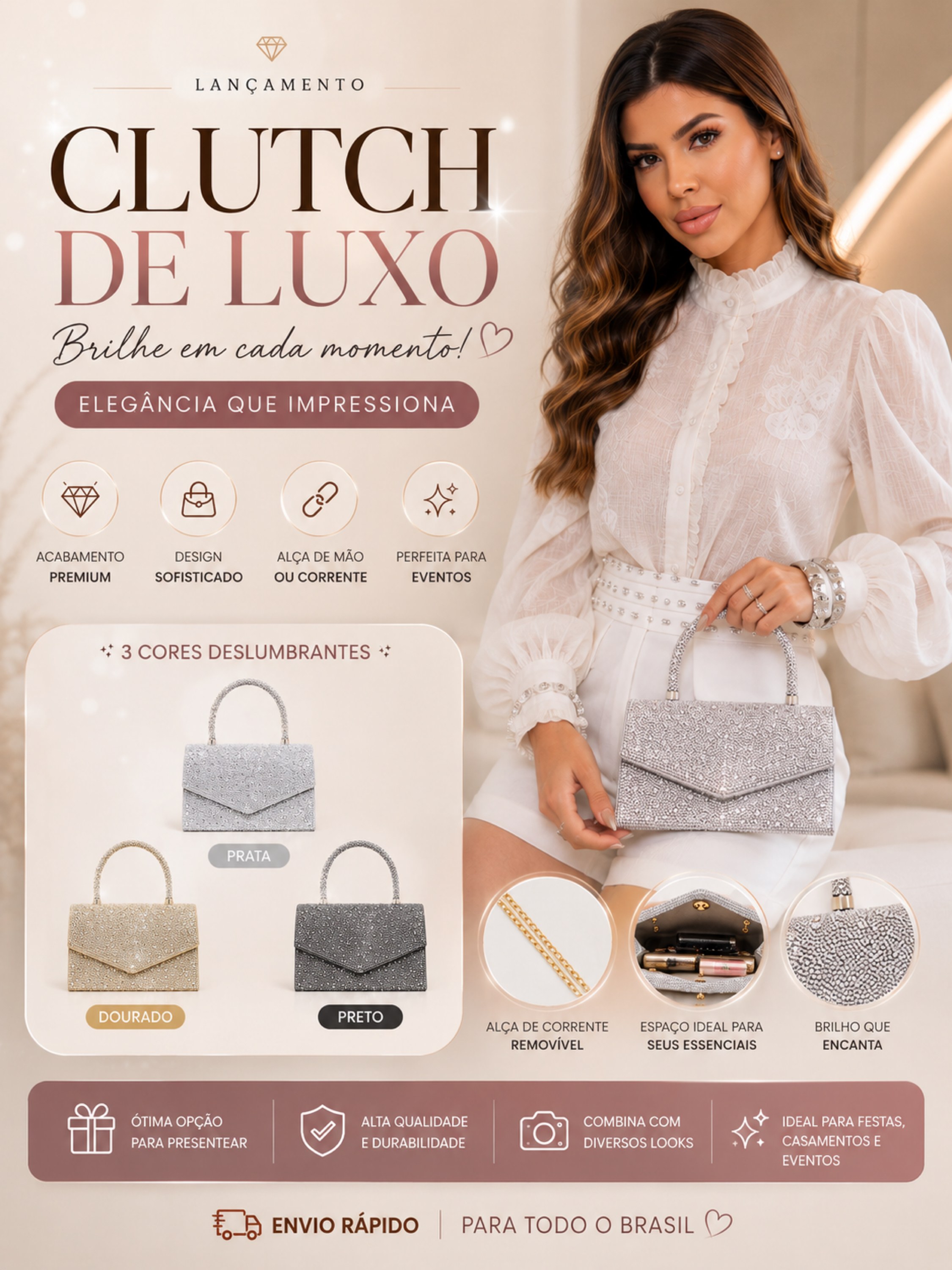 Bolsa de Festa com Strass  Elegante com Alça de Mão  CK-5