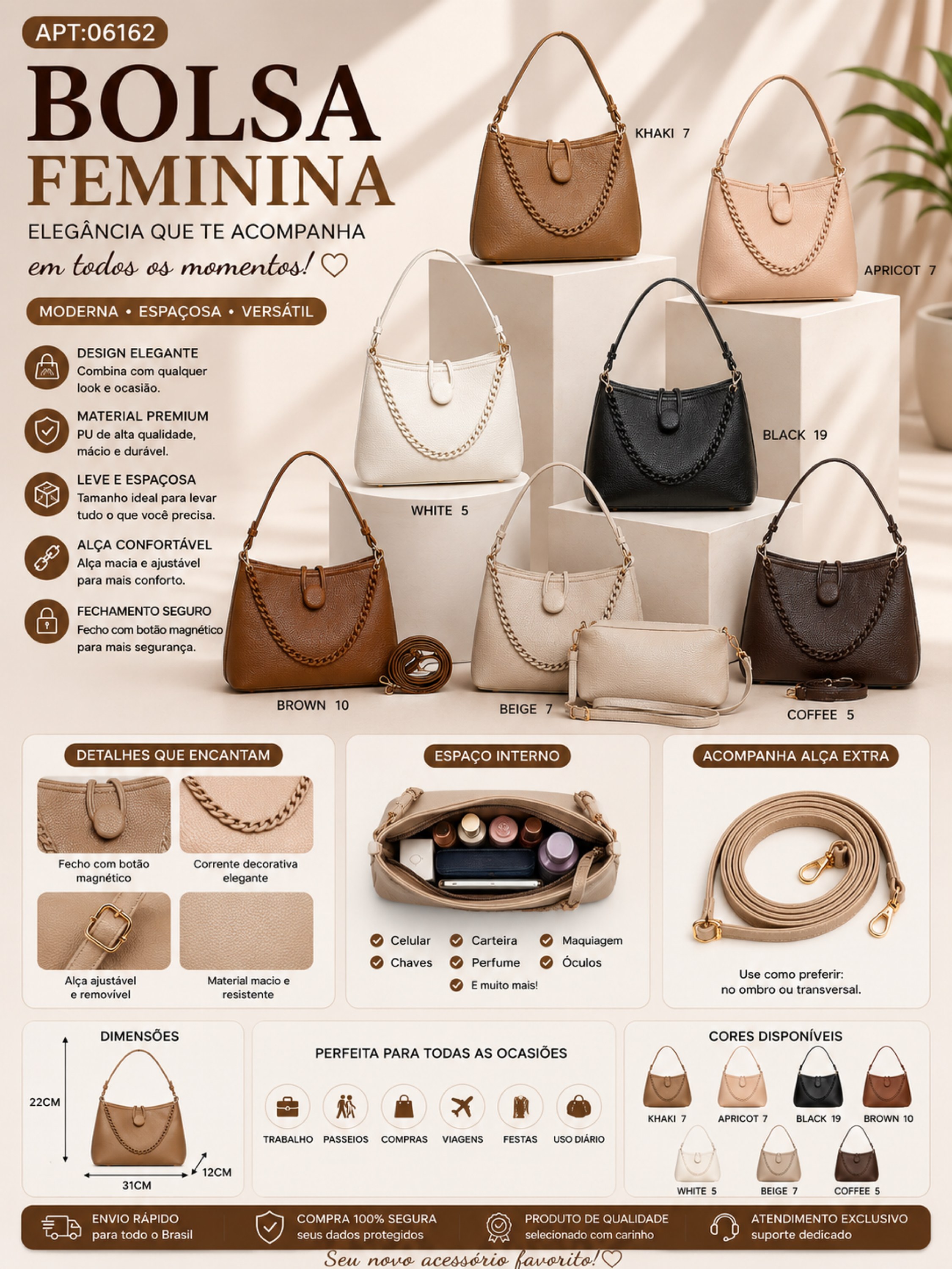 Bolsa Feminina Elegante Grande com Corrente 06162