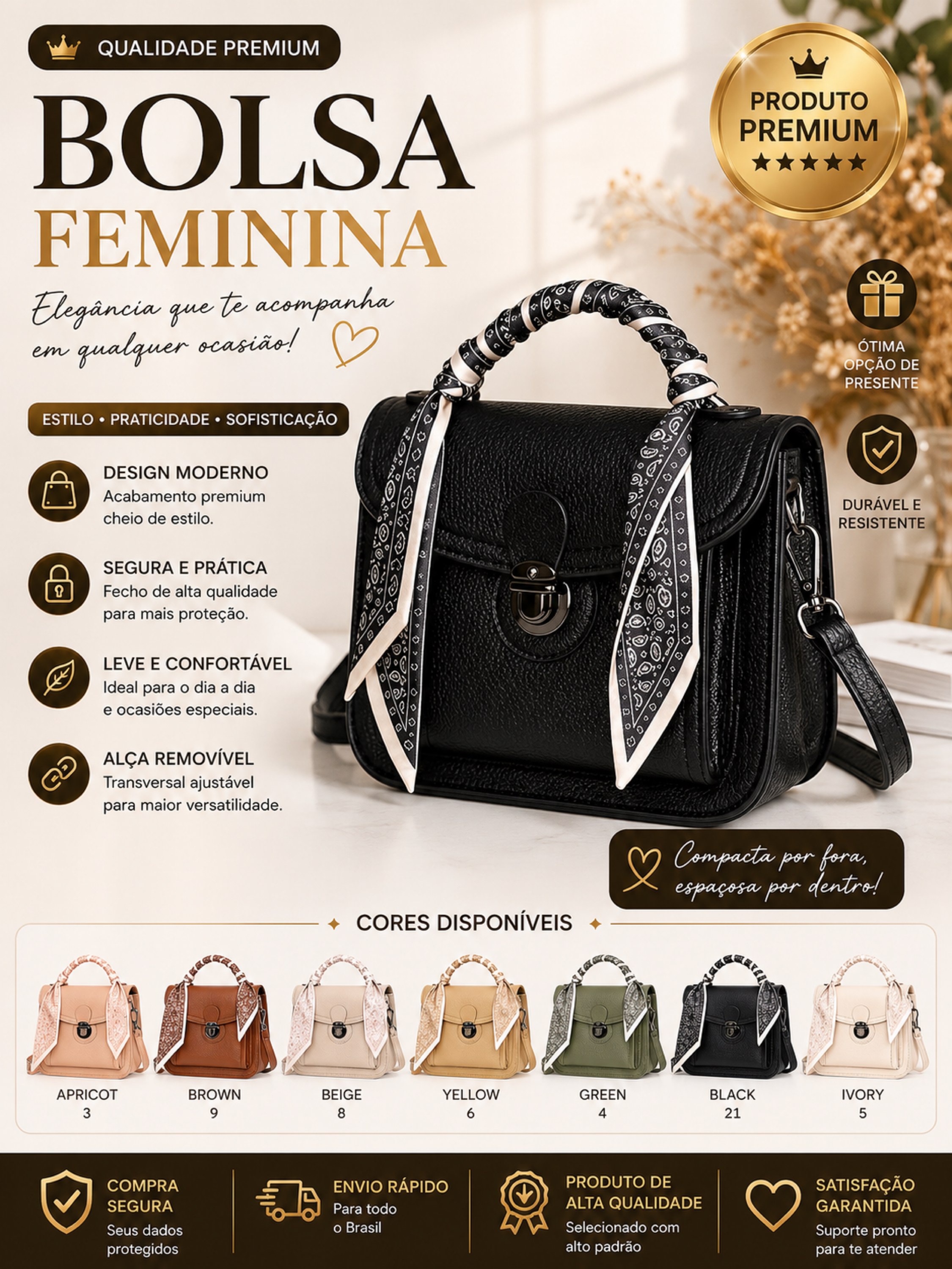 Bolsa Feminina Elegante com Lenço e Transversal 06155
