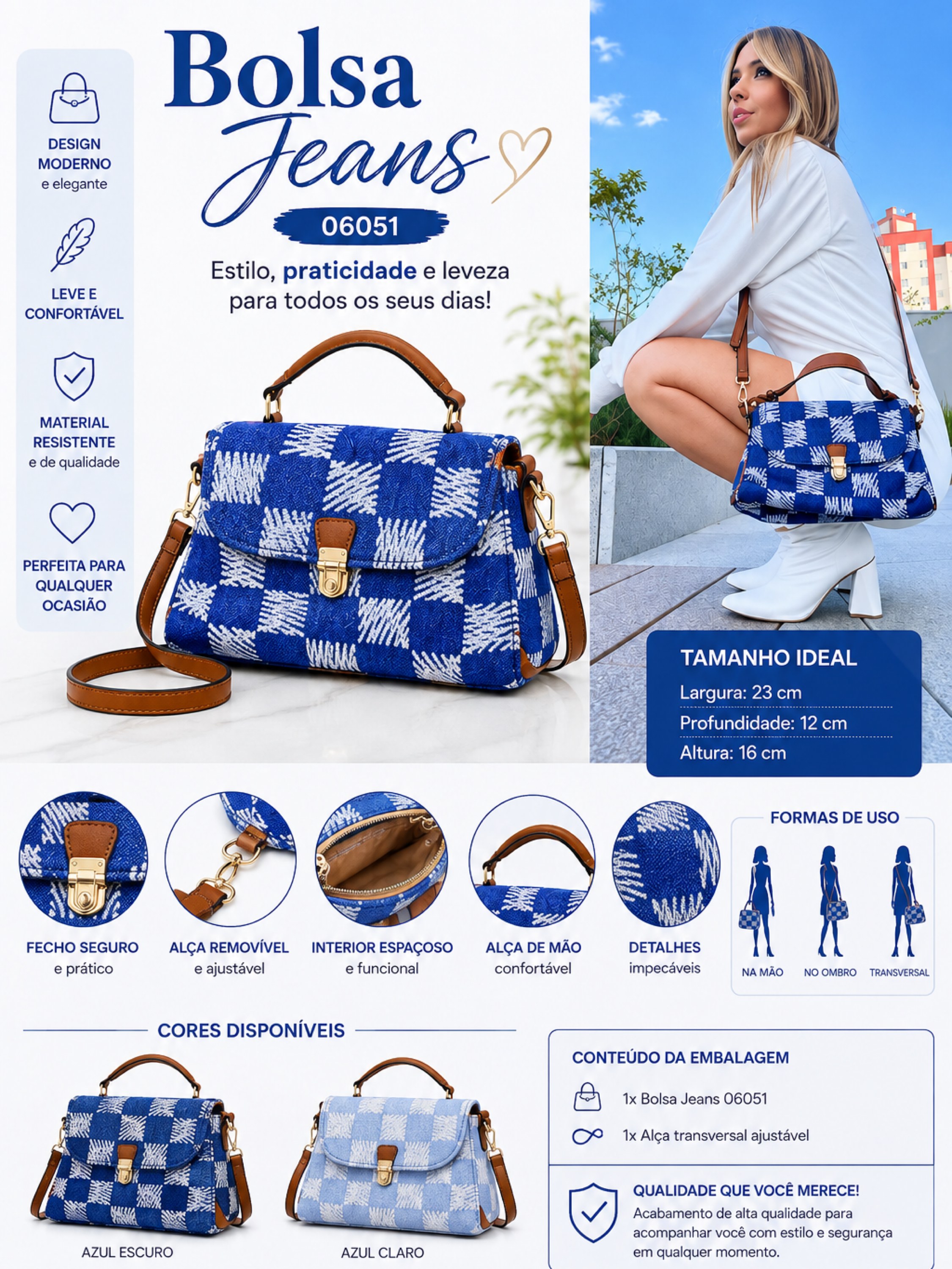 Bolsa Jeans 06051 Transversal com Alça Ajustável