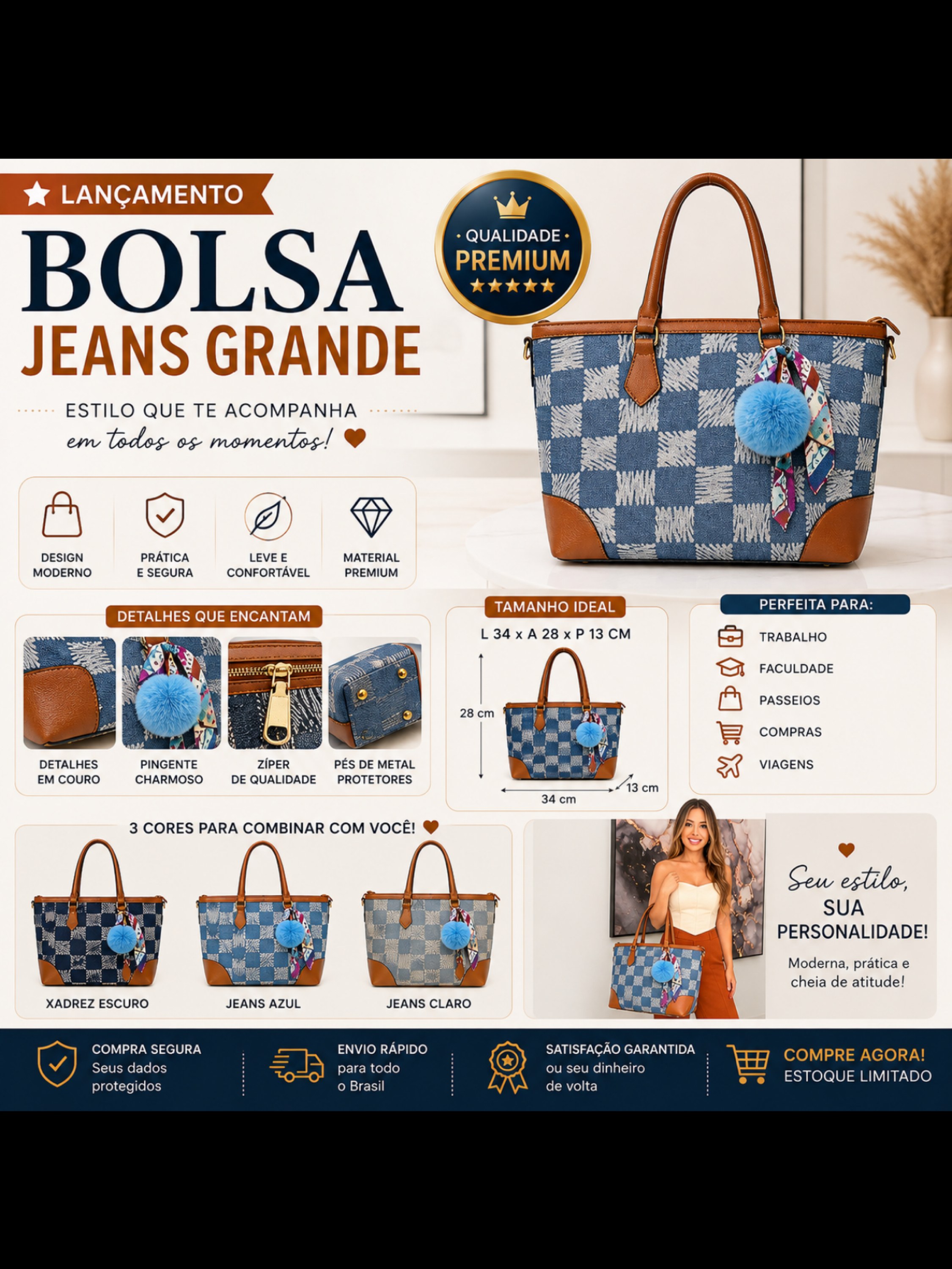 Bolsa Feminina Jeans Grande 06142