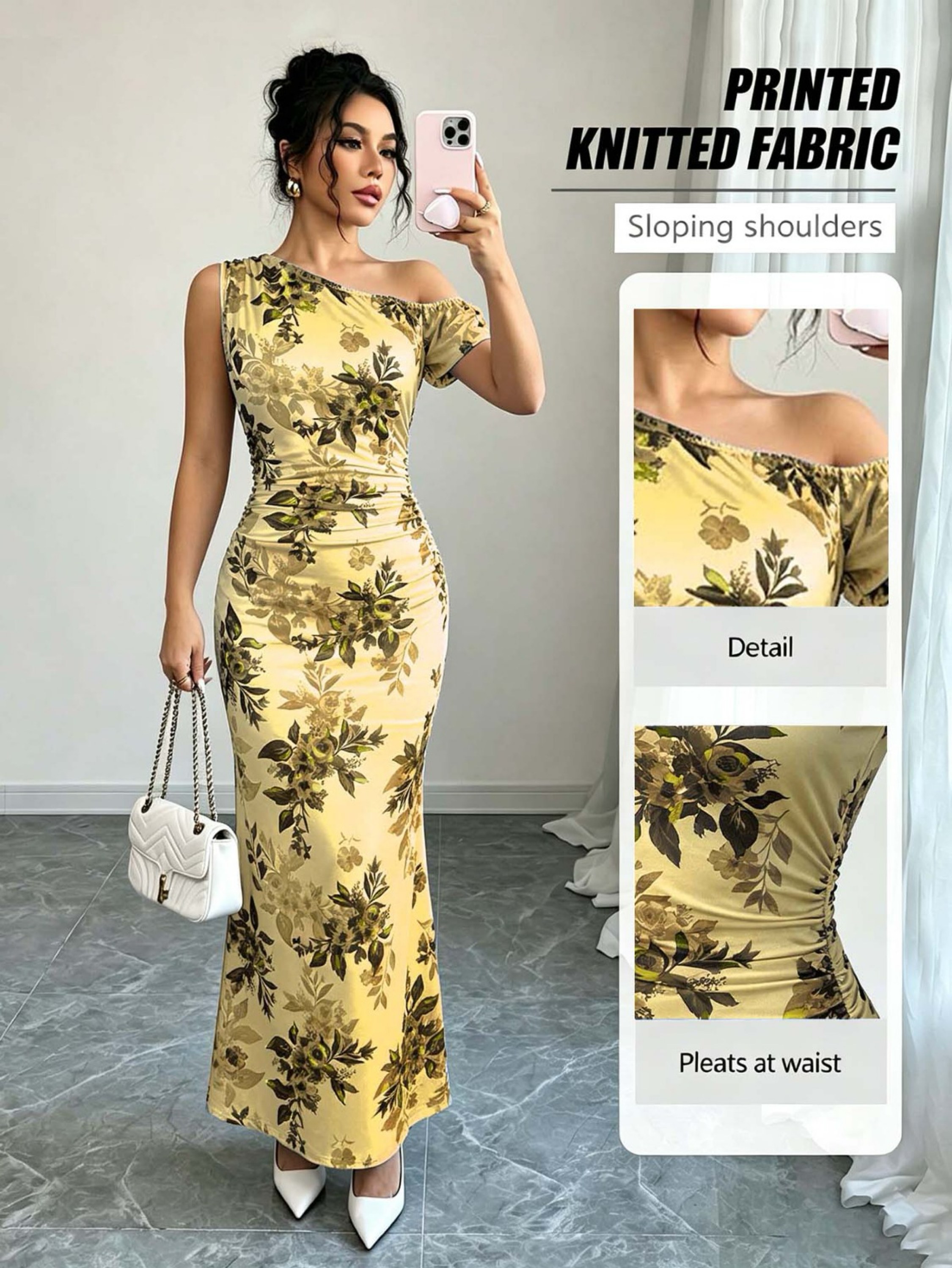Vestido maxi estampado com decote ombro a ombro
