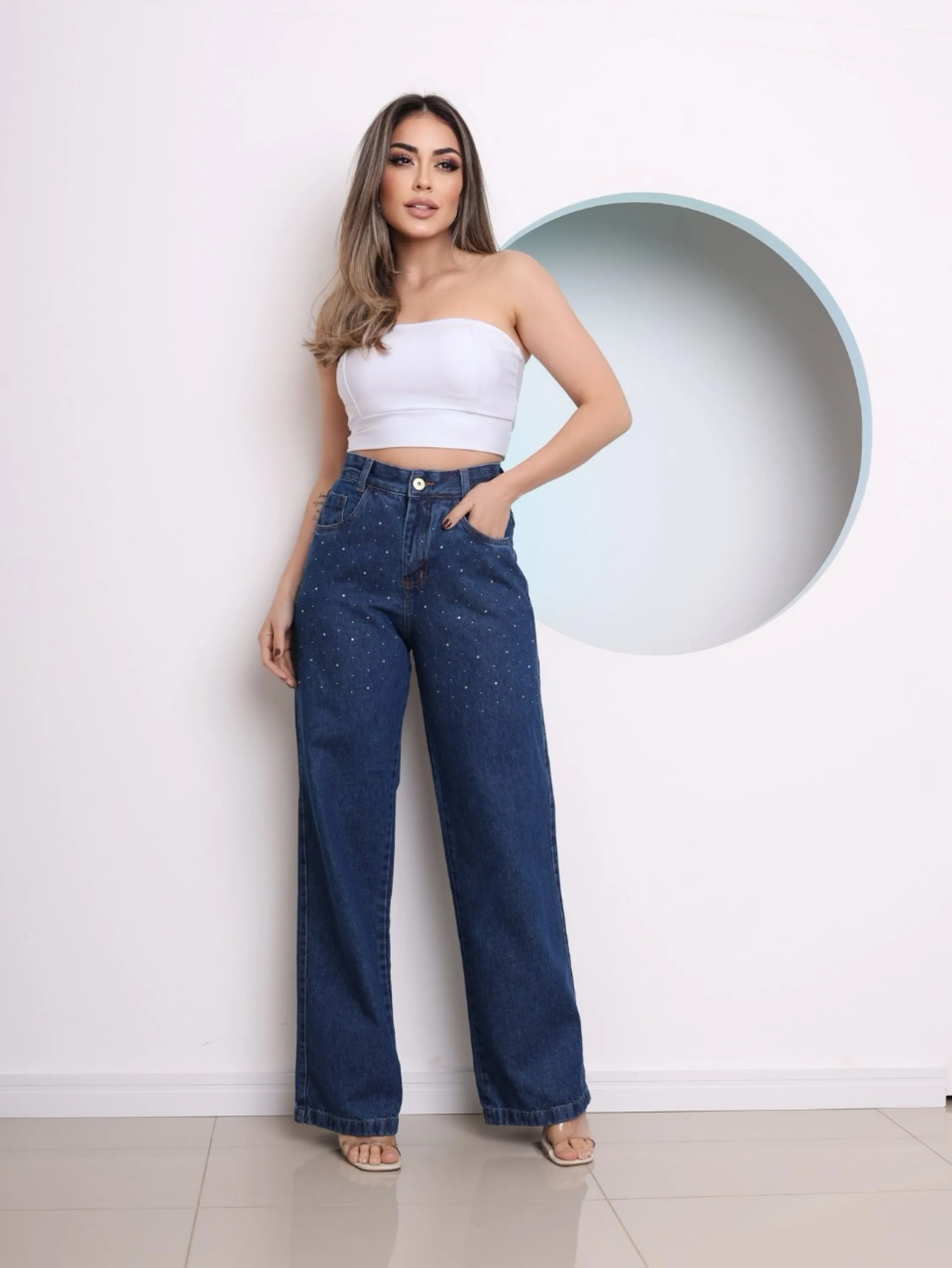 Calça jeans wide leg com brilho feminina novo