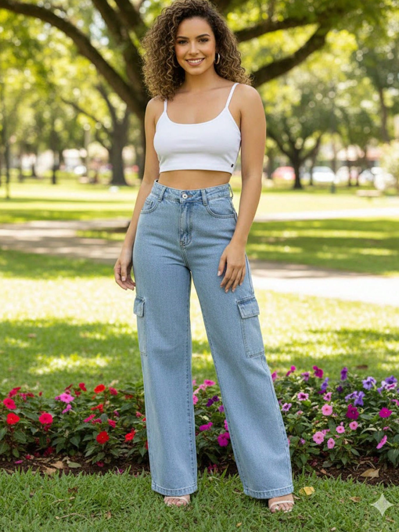 Calça Cargo jeans feminina tem bolsos com ziper
