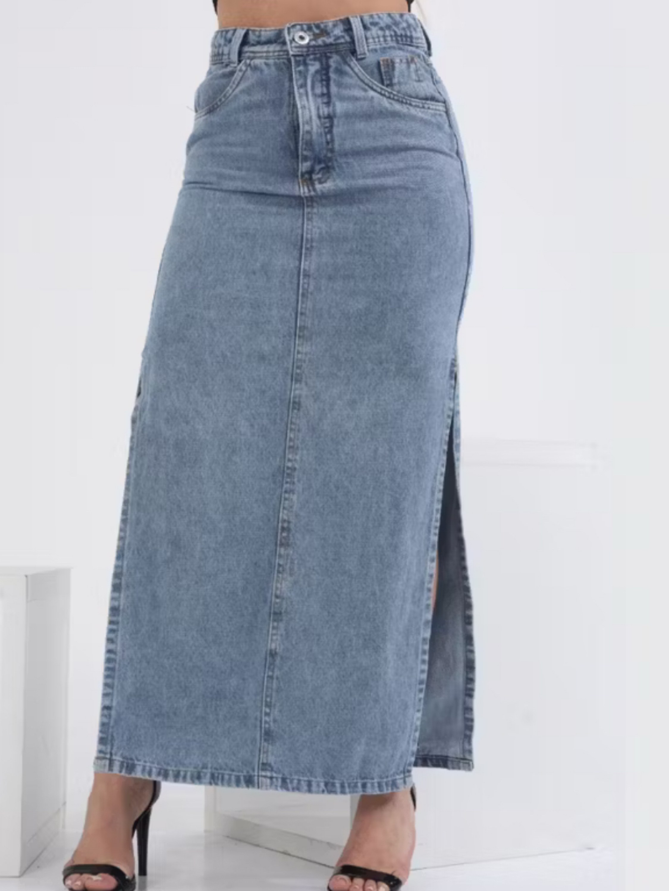 Saia Longa Jeans Abertura Lateral Cintura Alta