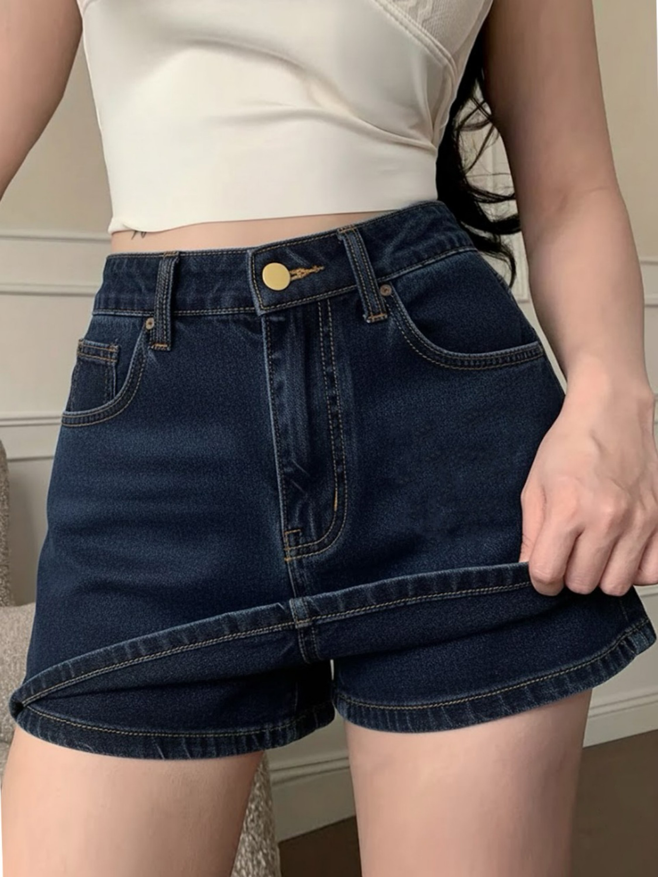Short saia jeans cintura alto sem elasticidade feminino