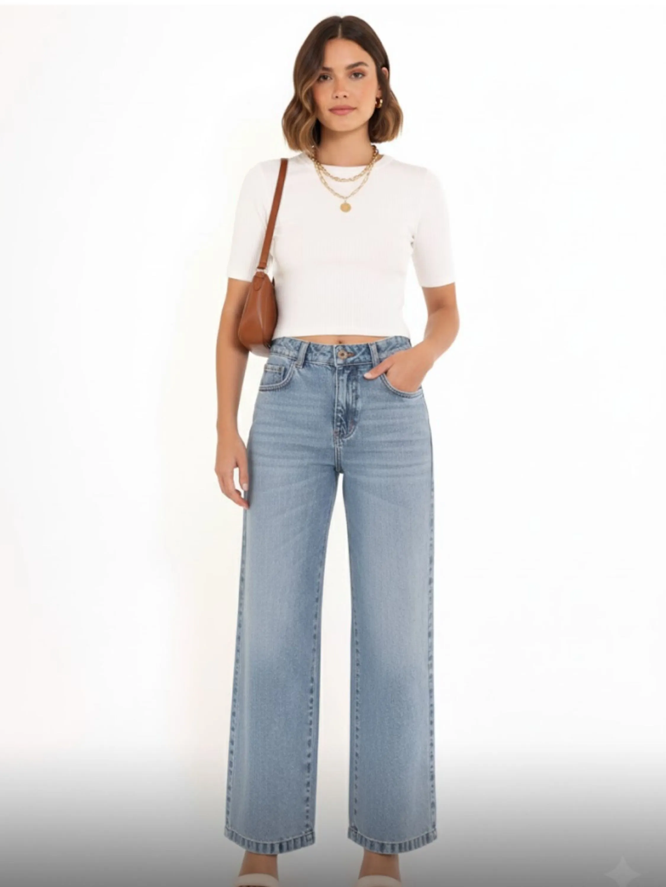 Calça wide leg com riscos esbranquiçados feminina nova 2025